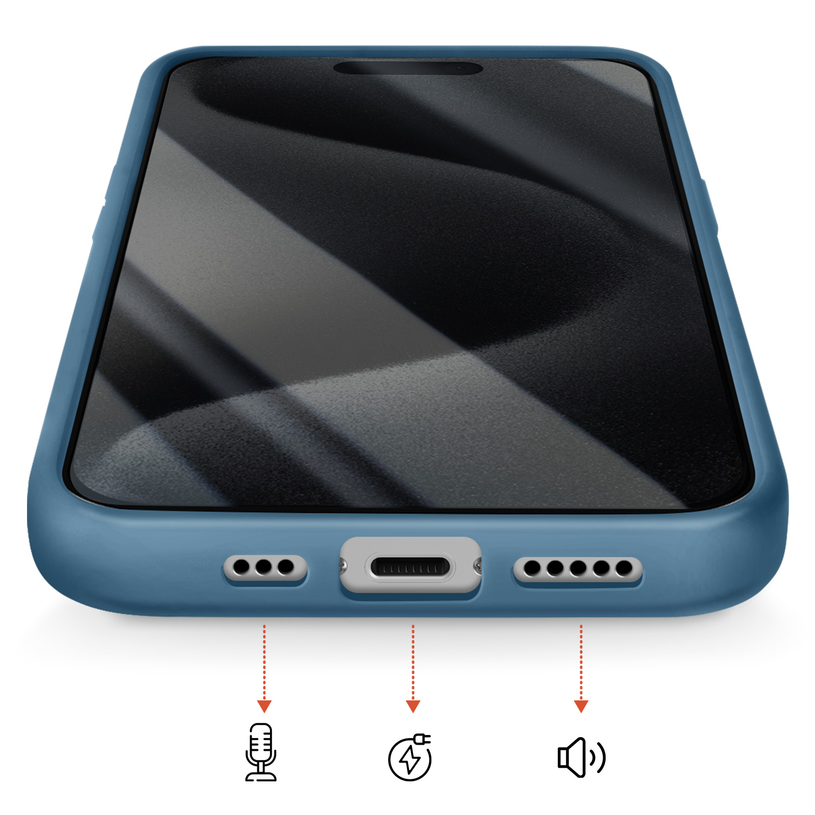 Custodia blu per telefono con porta di ricarica, icone microfono e altoparlante.