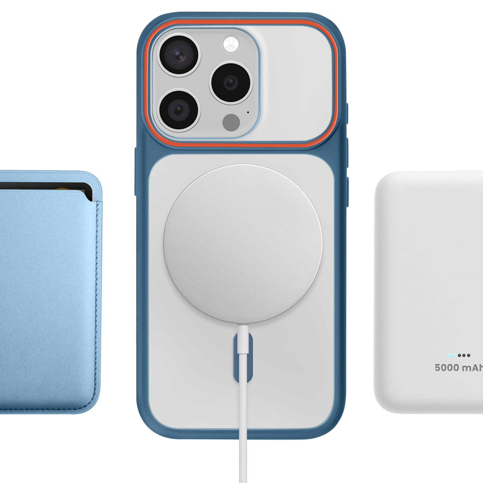 Un telefono blu con accessori di ricarica: cover, adattatore e cavo.