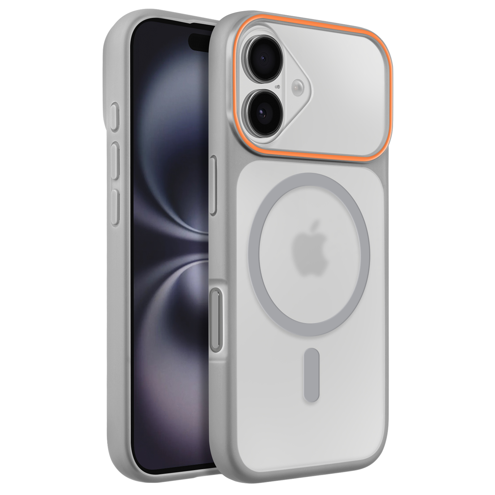 Grijze iPhone hoes met oranje accent rond de camera.