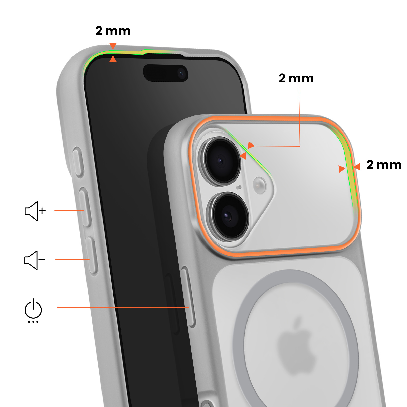 Grijze telefoonhoes met oranje rand beschermt smartphone met twee camera's.