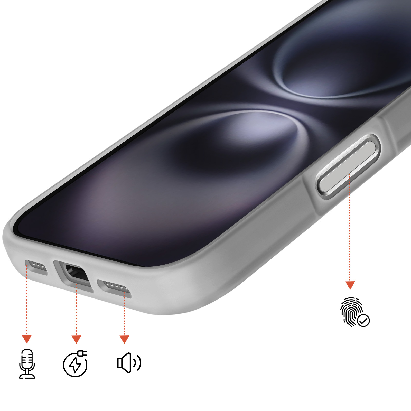 Een grijze smartphone met pictogrammen voor vingerafdruksensor, opladen, microfoon en luidspreker.