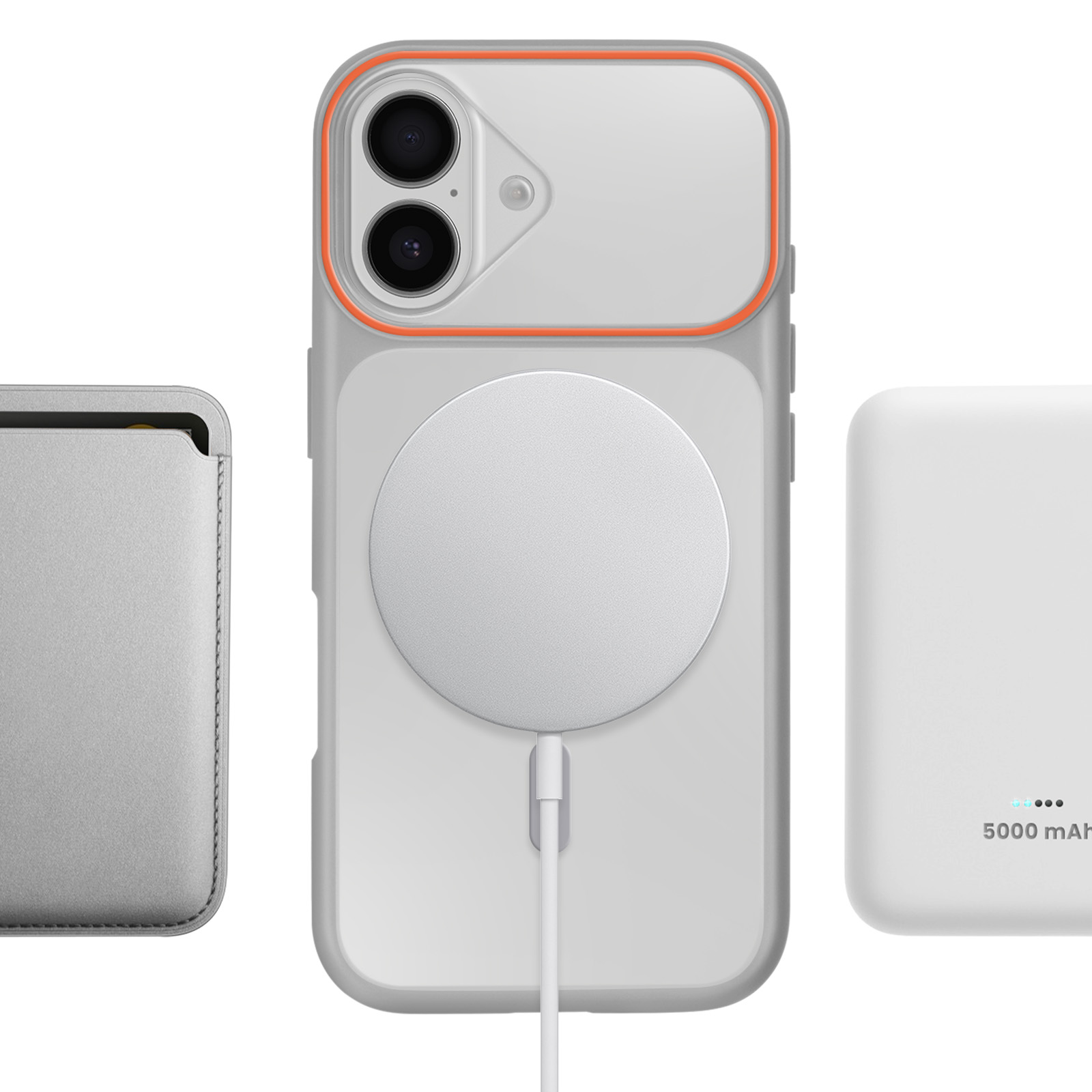 Een witte telefoon met MagSafe-oplader, hoesje en kaarthouder.