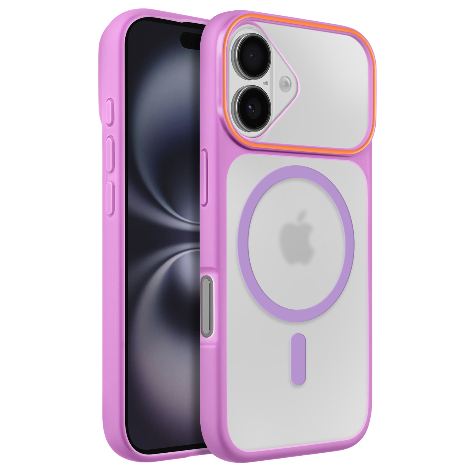 Une coque violette pour iPhone avec dos transparent et bordure orange.