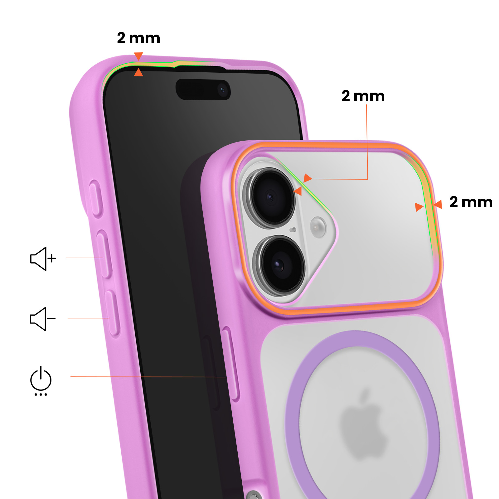 Coque violette pour smartphone avec découpe caméra et symbole magnétique.