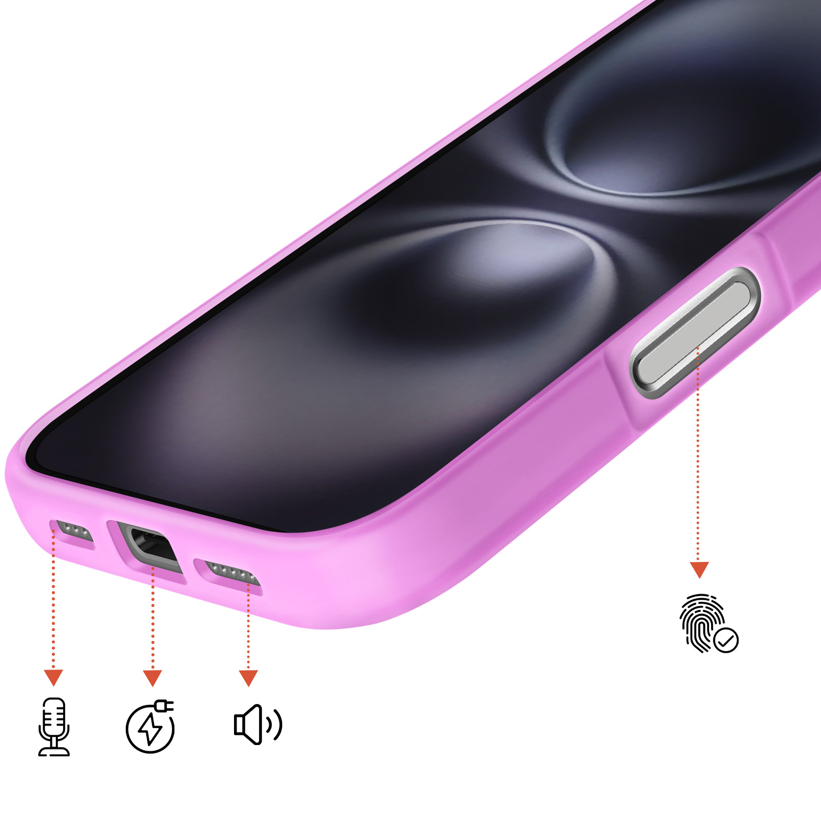 Coque de téléphone violette avec ports, boutons et icône d'empreinte.