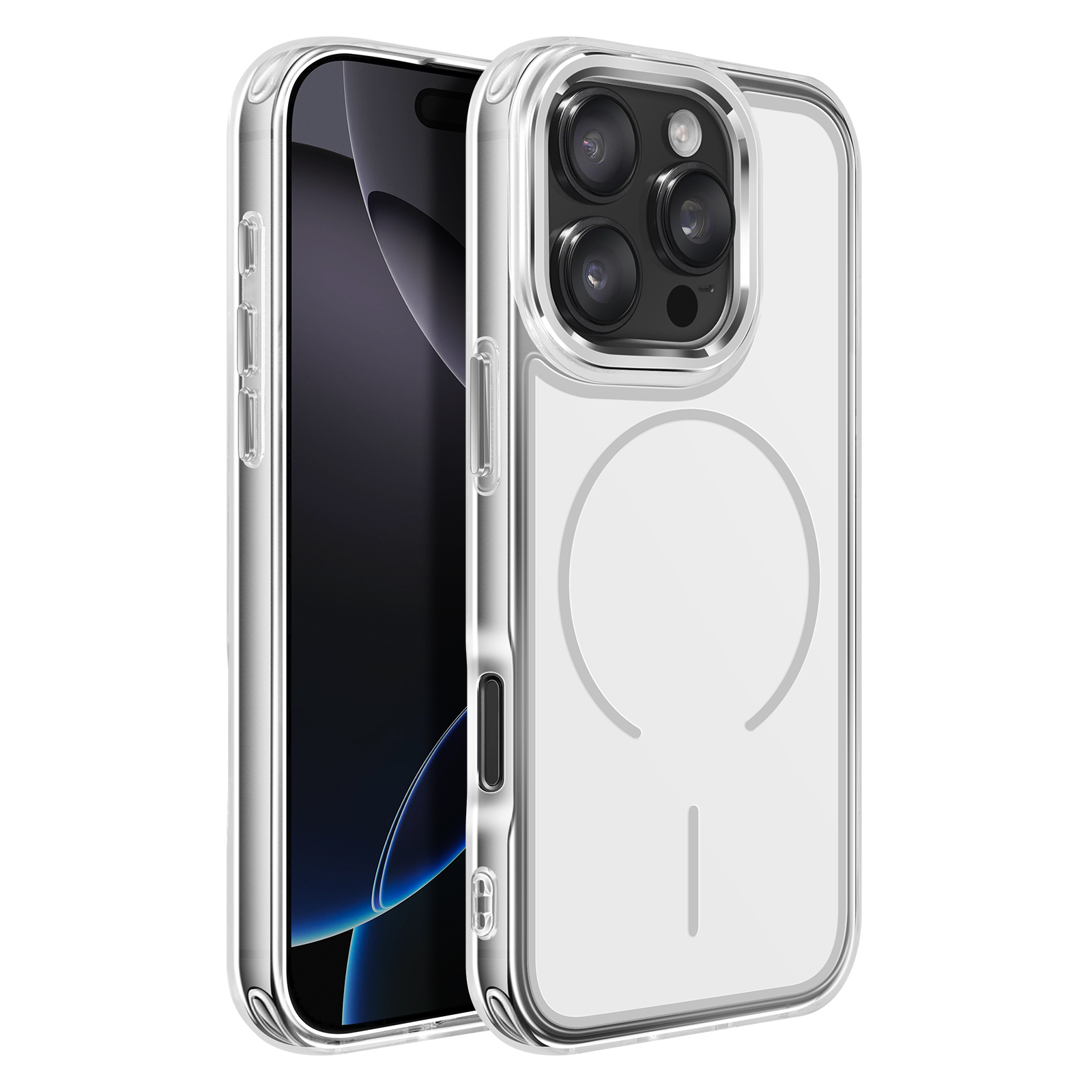 Custodia trasparente per iPhone con tre fotocamere e anello magnetico.