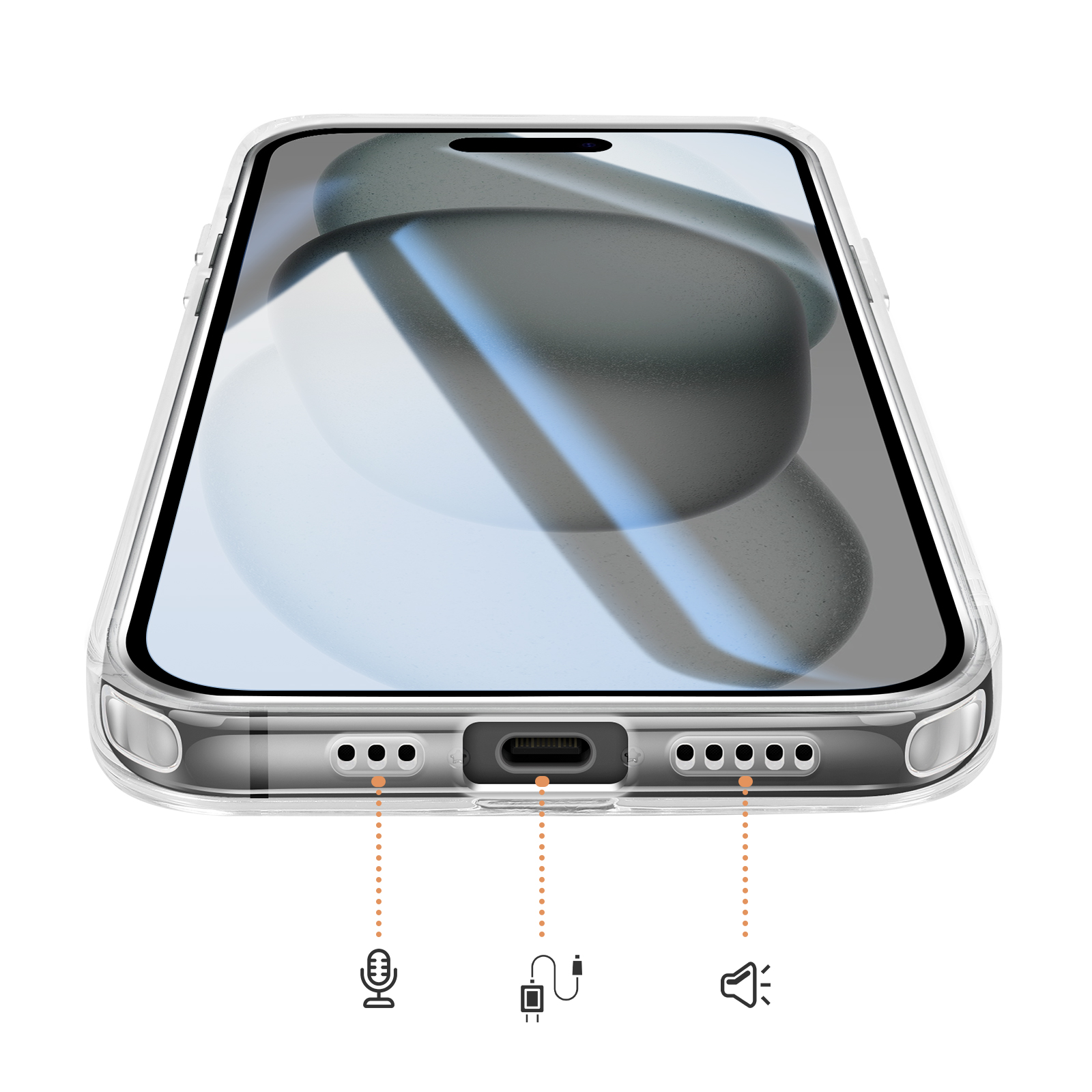 Een doorzichtige telefoonhoes met uitsparingen voor microfoon, oplaadpoort en luidspreker.