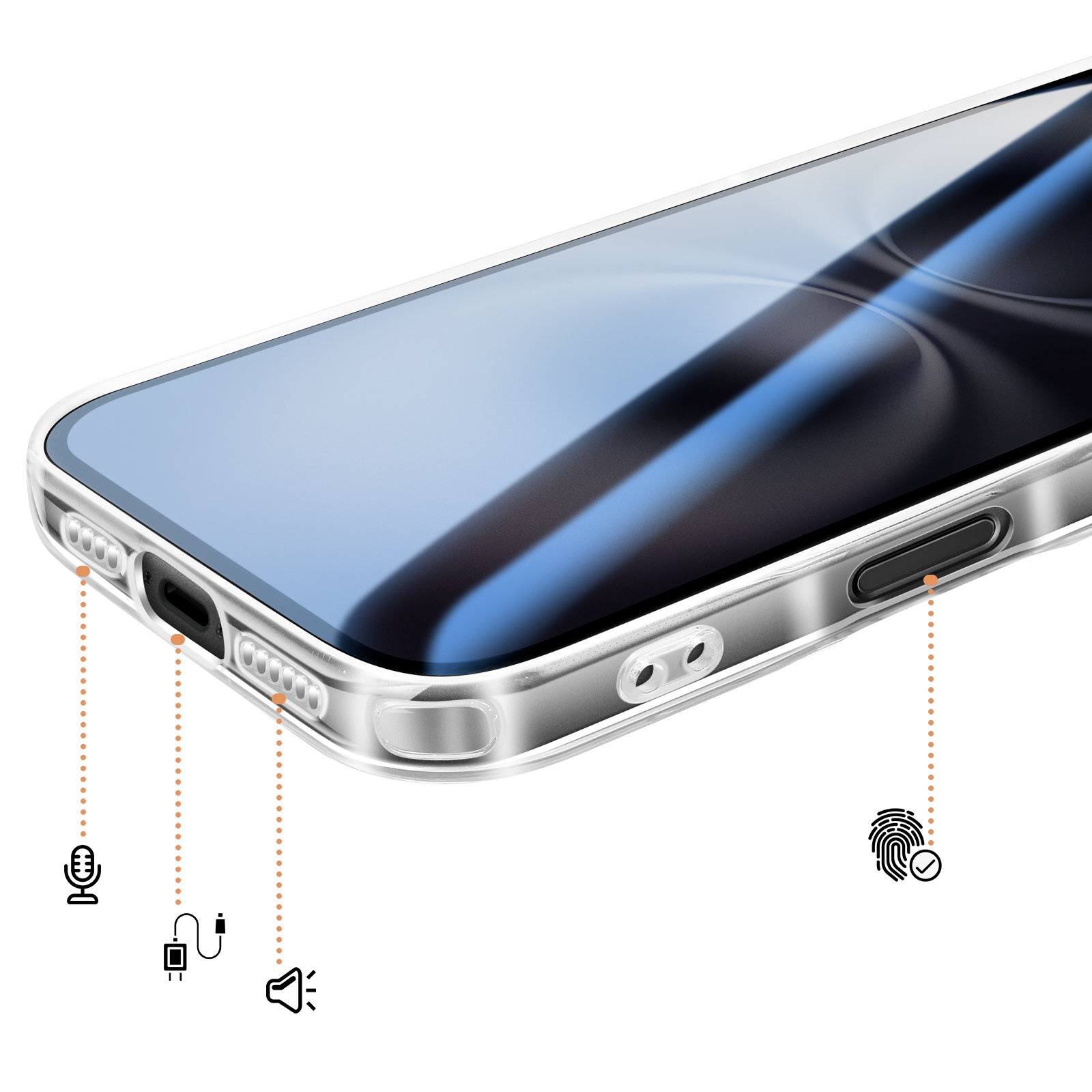 Coque de téléphone transparente avec icônes micro, charge, haut-parleur et empreinte.