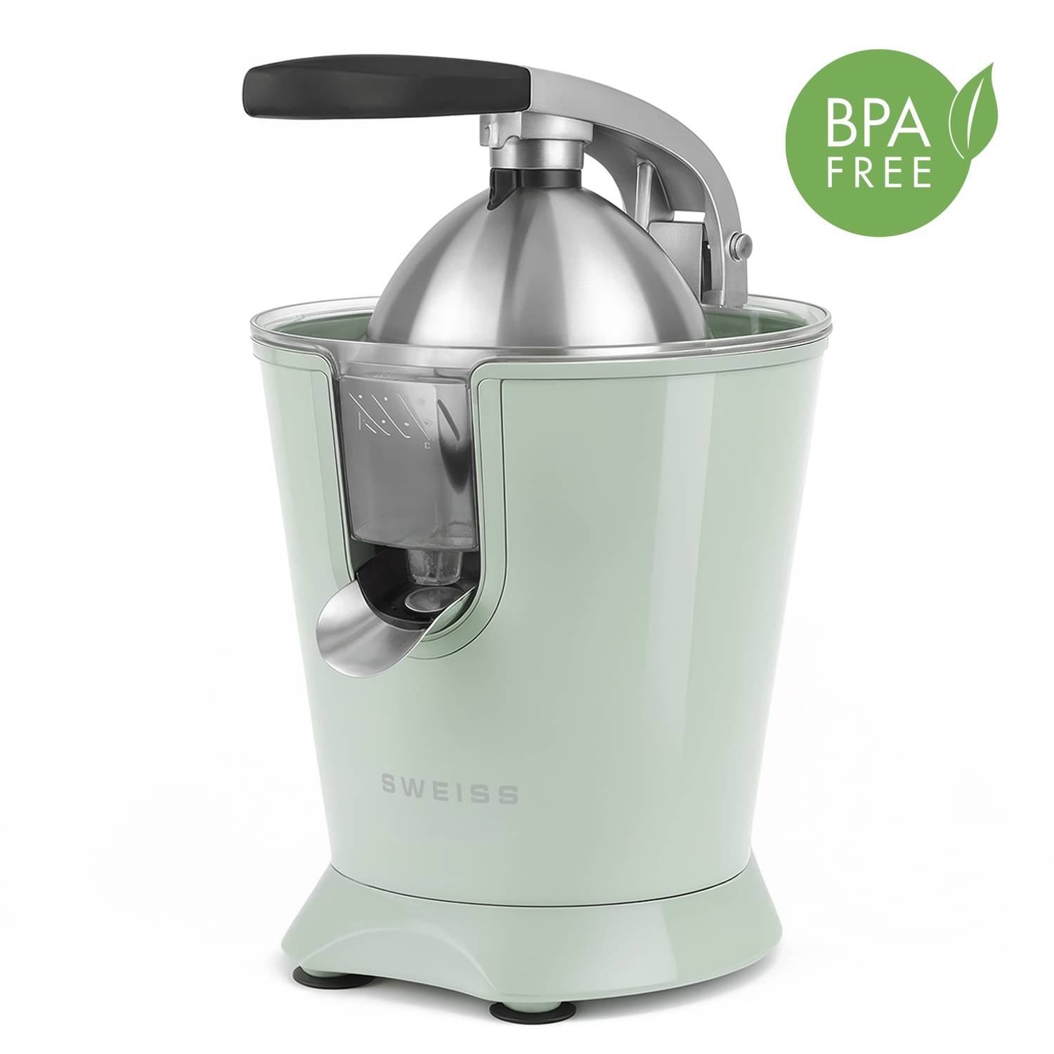 Spremiagrumi verde chiaro con manico argentato e adesivo senza BPA.