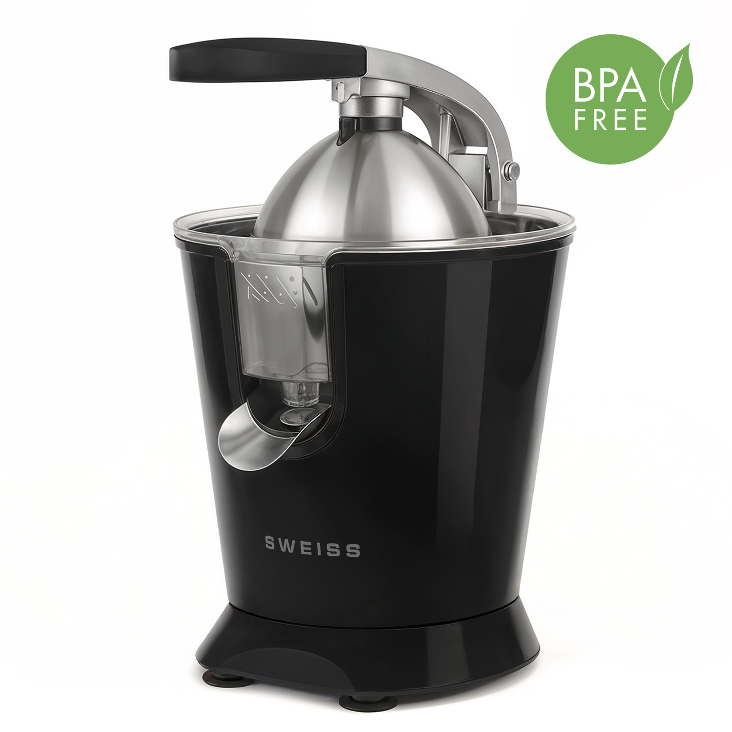 Spremiagrumi elettrico nero con cupola e manico in acciaio inox. Senza BPA.