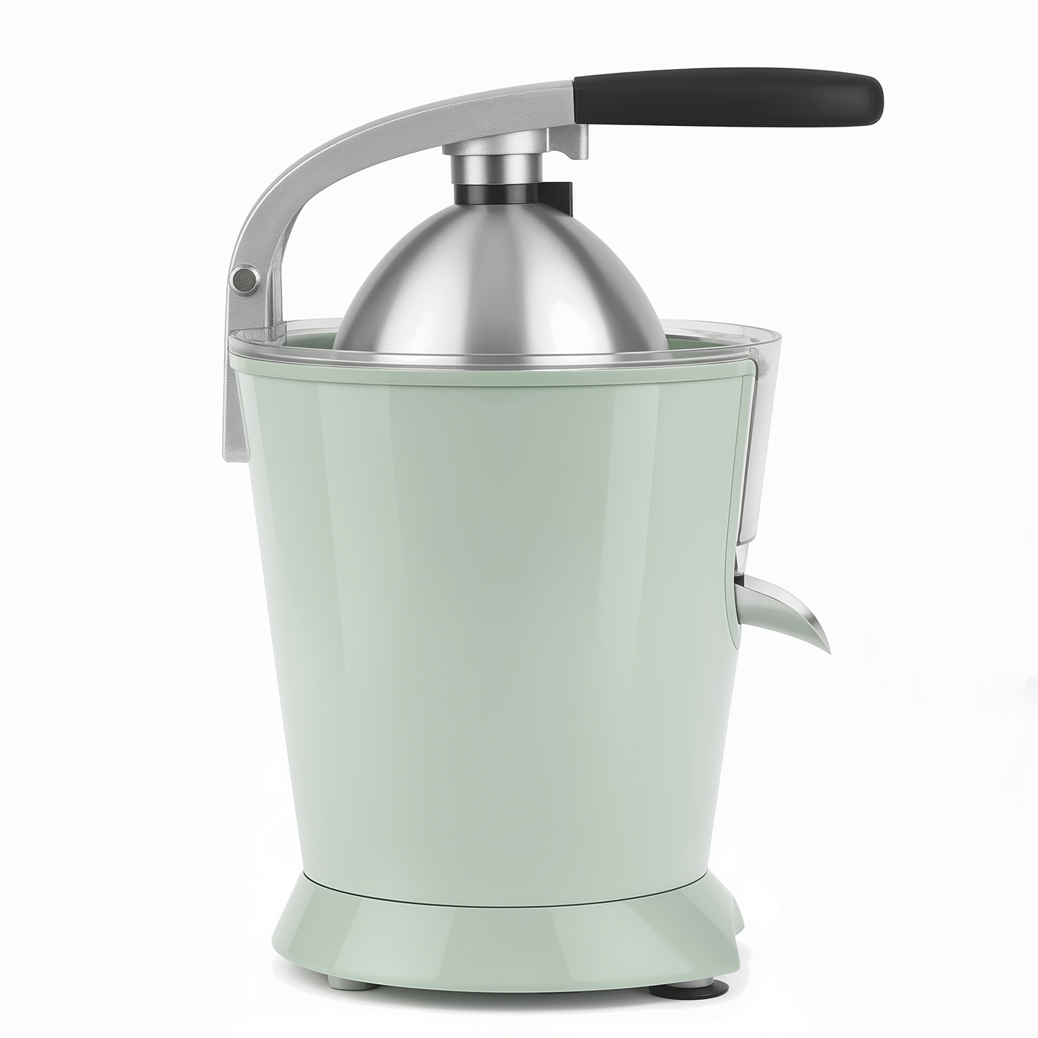 Spremiagrumi verde chiaro con leva argentata e manico nero.