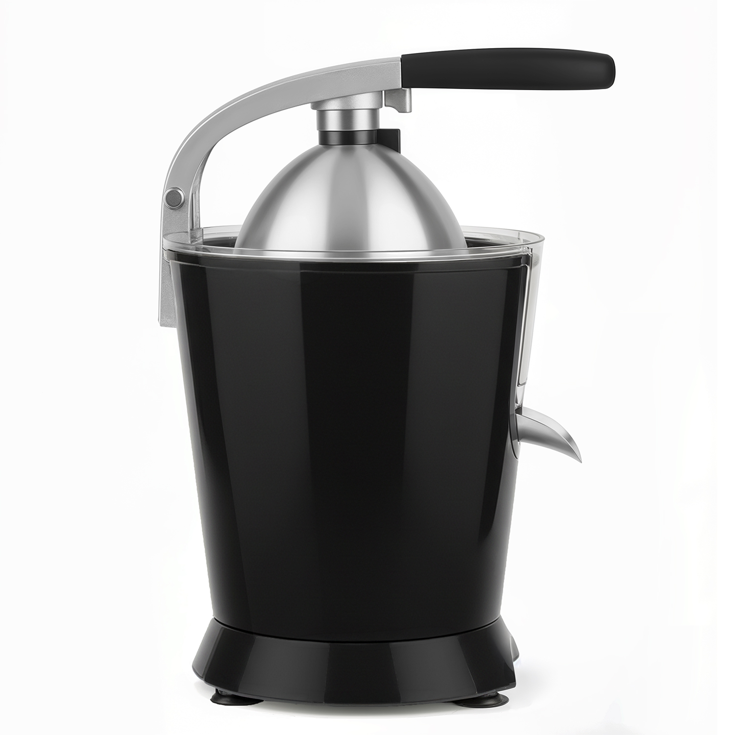 Spremiagrumi elettrico nero con manico argentato e cupola in metallo.