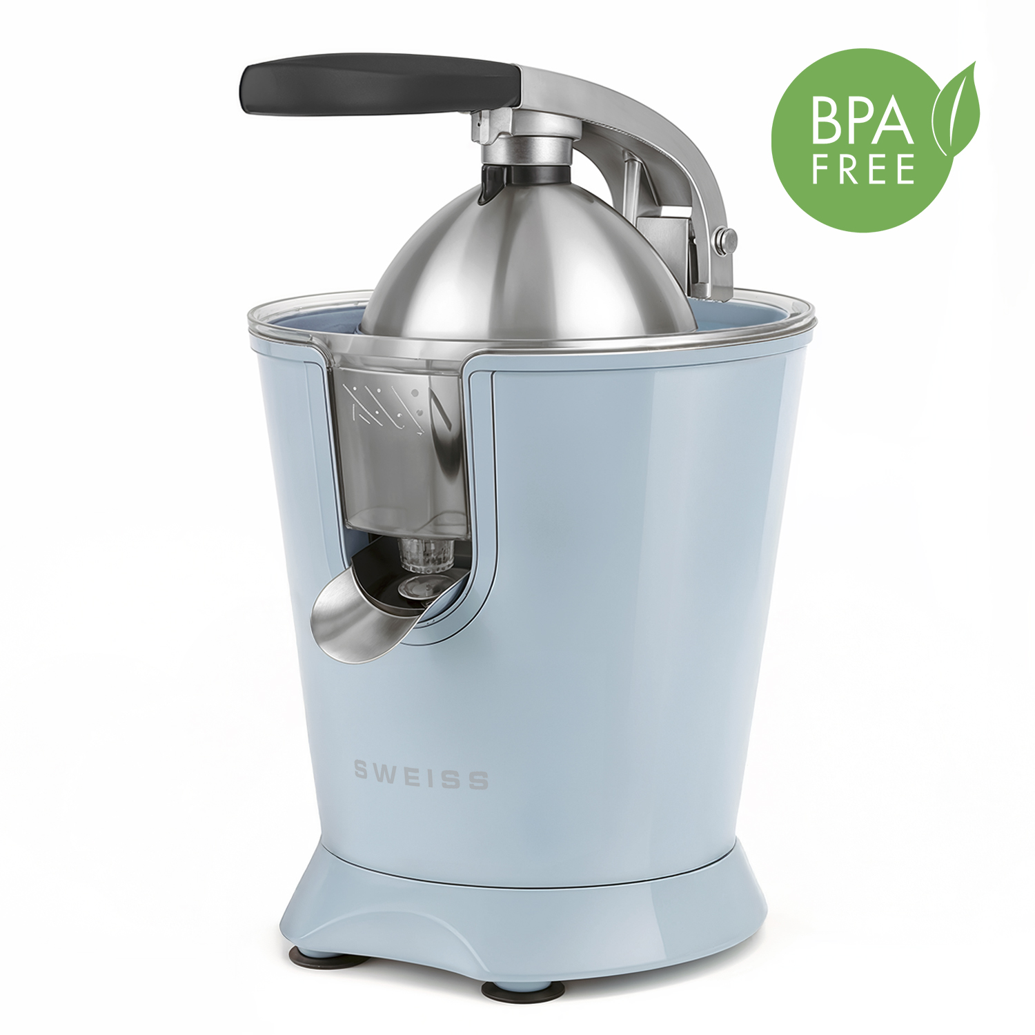 Spremiagrumi elettrico azzurro con cupola in acciaio inox e sigillo BPA-free.