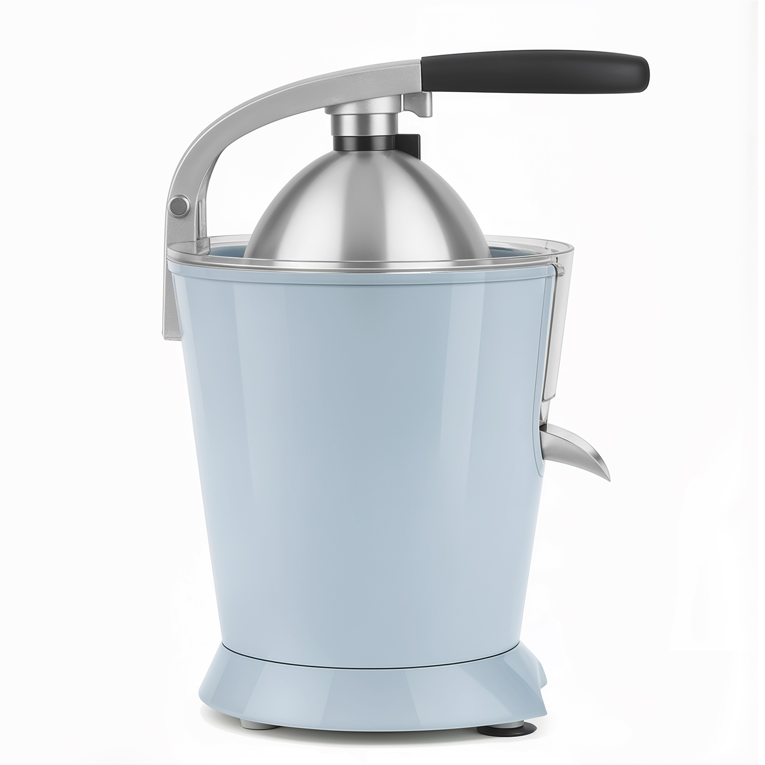 Spremiagrumi azzurro con leva argentata e manico nero.