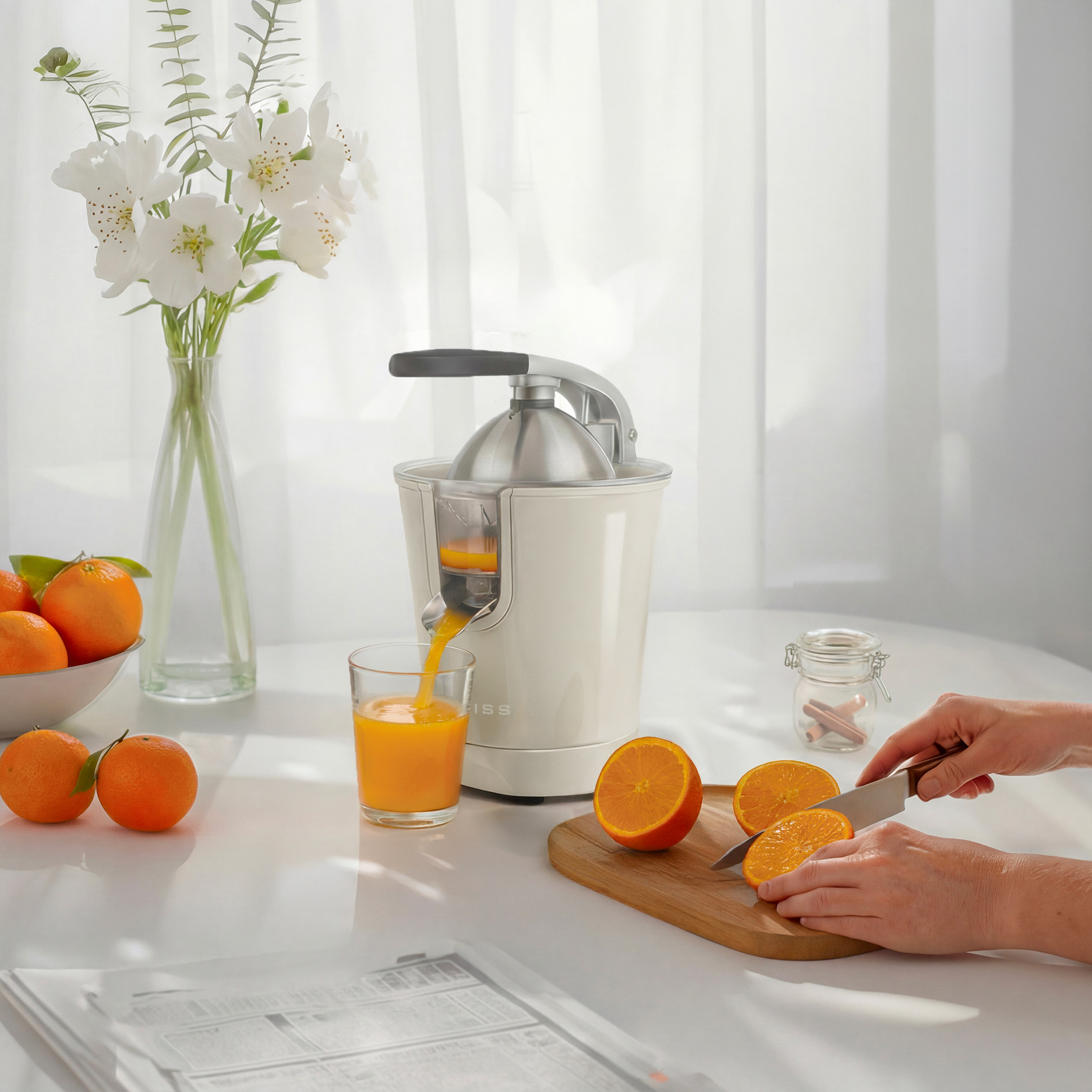 Una persona affetta arance mentre il succo scorre in un bicchiere.