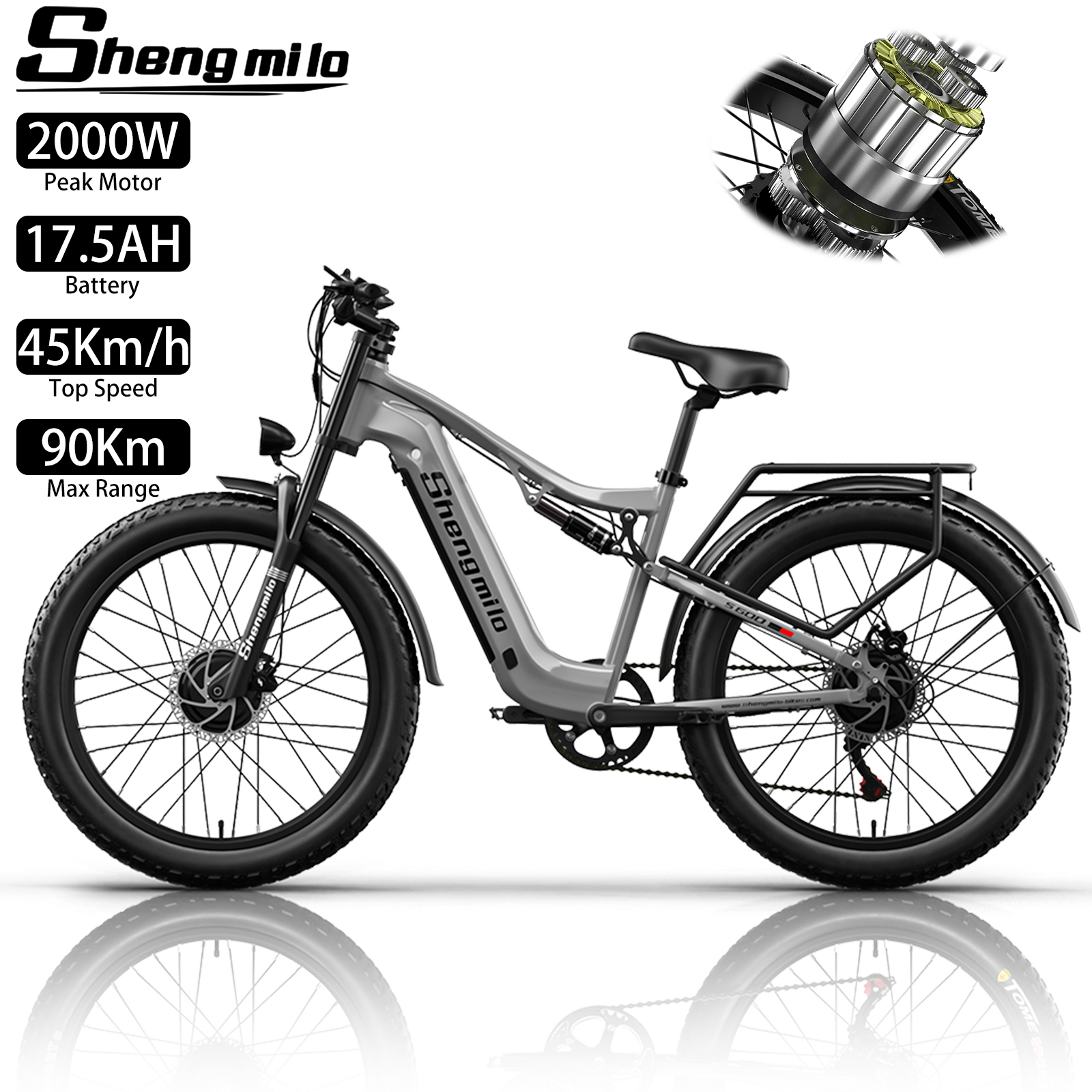 Graues Shengmilo E-Bike mit fetten Reifen, Gepäckträger und Motorinfo.