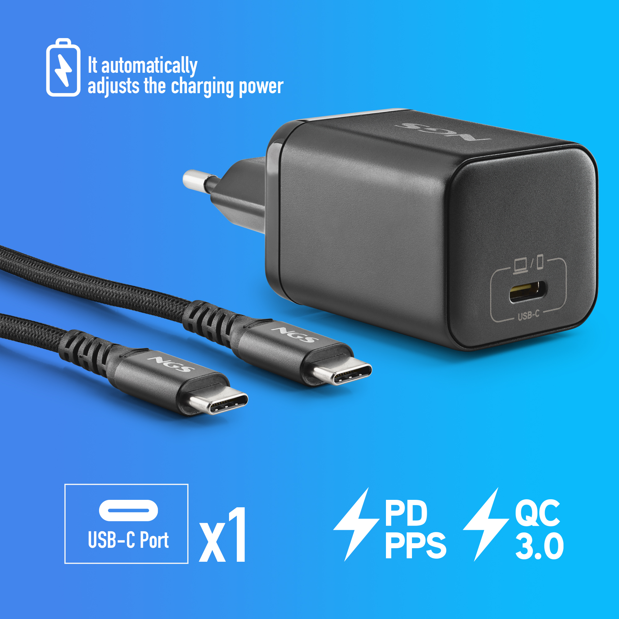 Caricatore USB-C nero con cavo. Regola la potenza di carica.