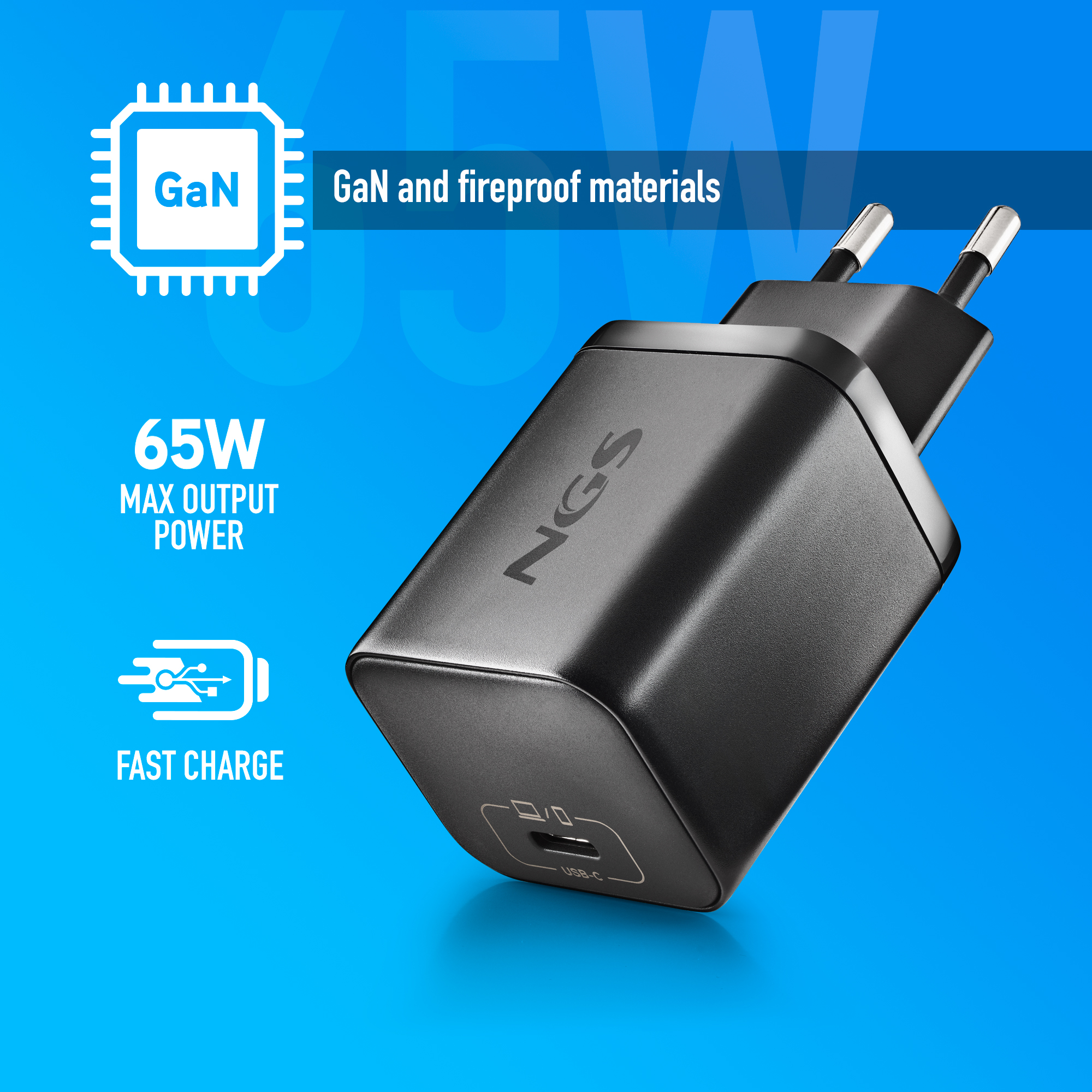 Caricatore USB-C nero da 65W con tecnologia GaN e spina EU.