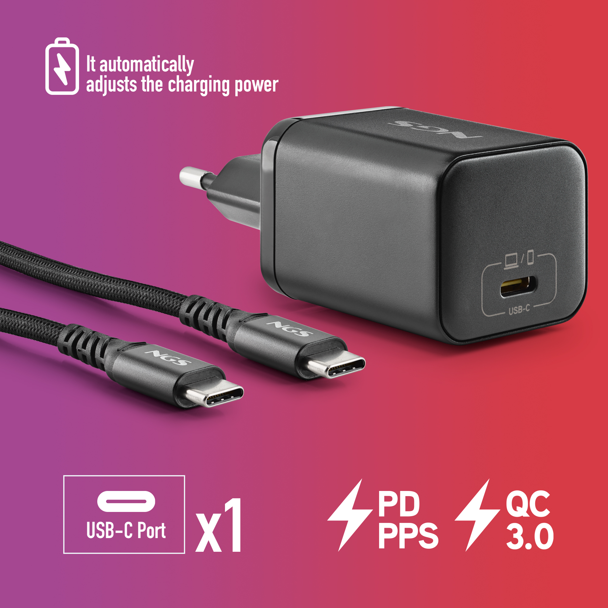 Caricatore USB-C nero con cavo, regola la potenza di carica.