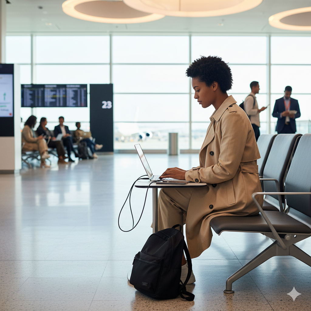 Una donna con i capelli ricci digita su un laptop in un'area d'attesa dell'aeroporto.