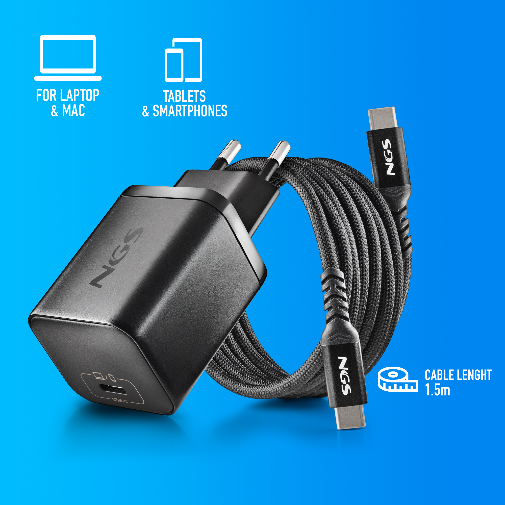 Caricatore e cavo USB-C nero da 1,5 m per laptop e smartphone.