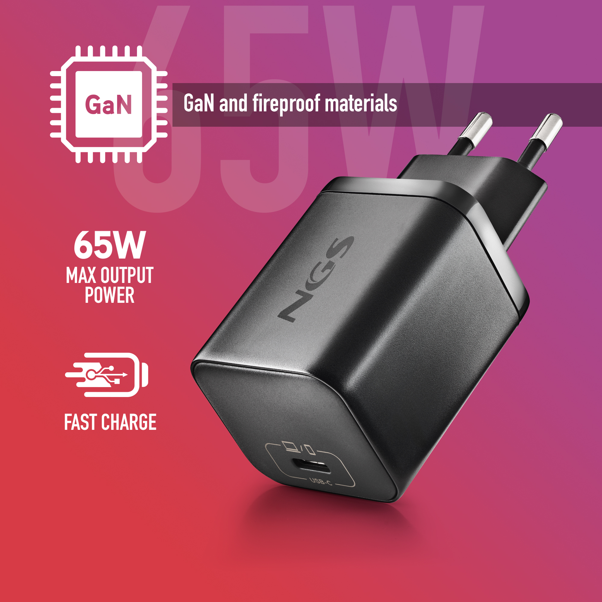 Caricabatterie rapido NGS 65W GaN USB-C nero con pin e icone.