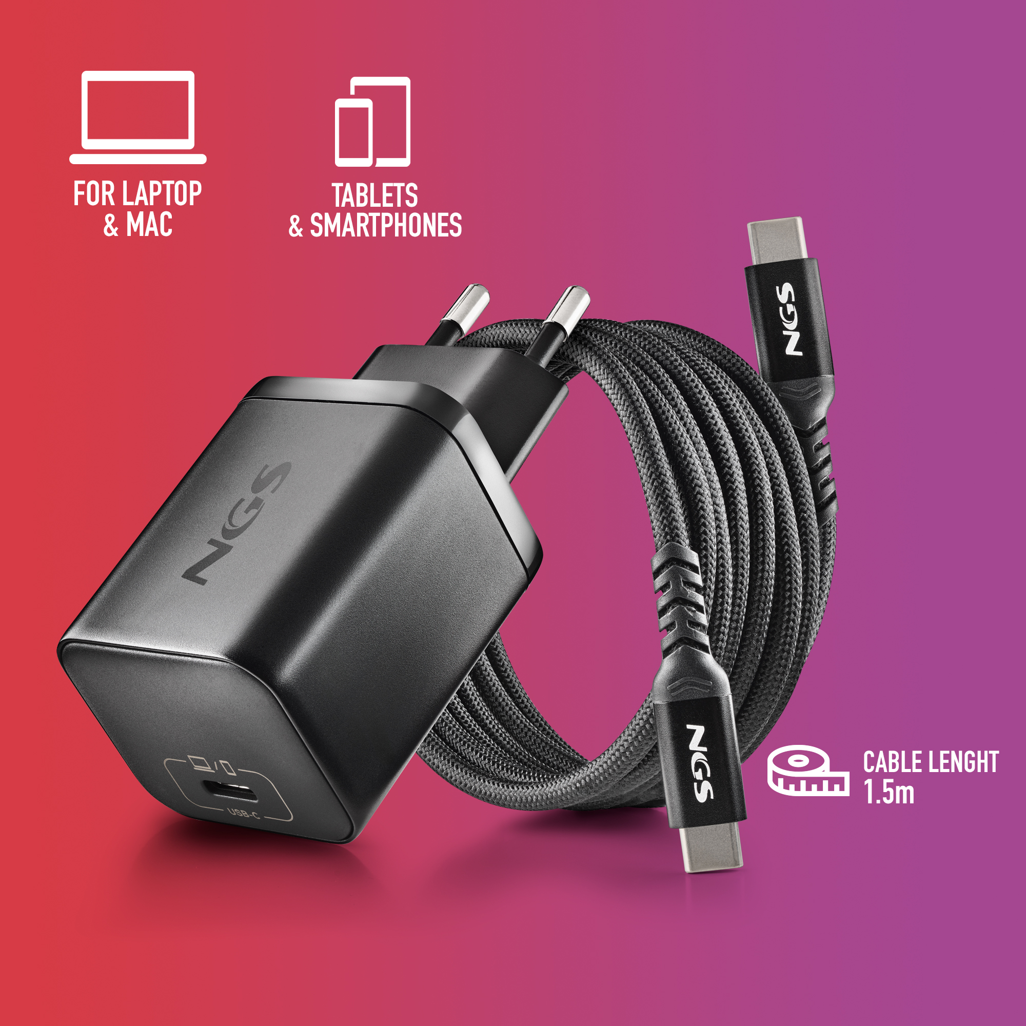 Caricatore USB-C nero con cavo da 1,5 m per laptop e smartphone.