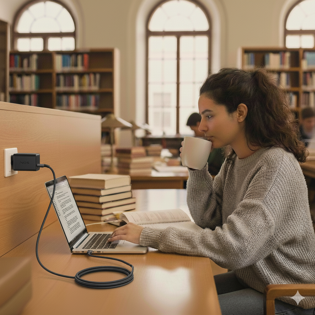 Una giovane donna studia in una biblioteca, beve da una tazza mentre usa un laptop collegato a un adattatore a muro.