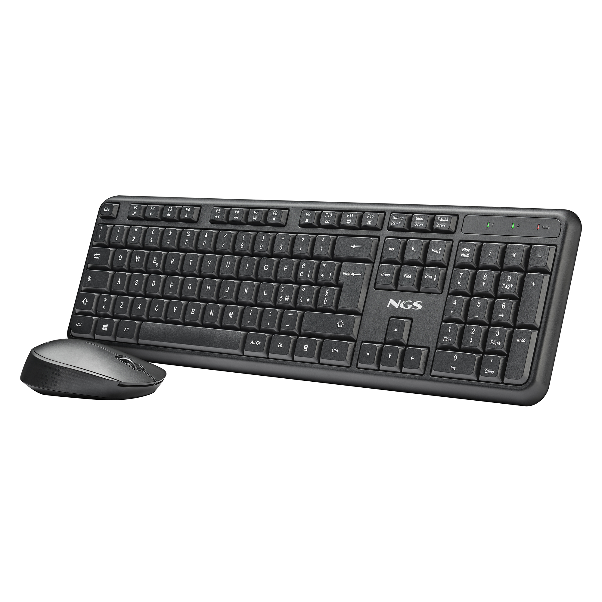 Un set di tastiera e mouse wireless nero con logo NGS sul lato destro della tastiera.