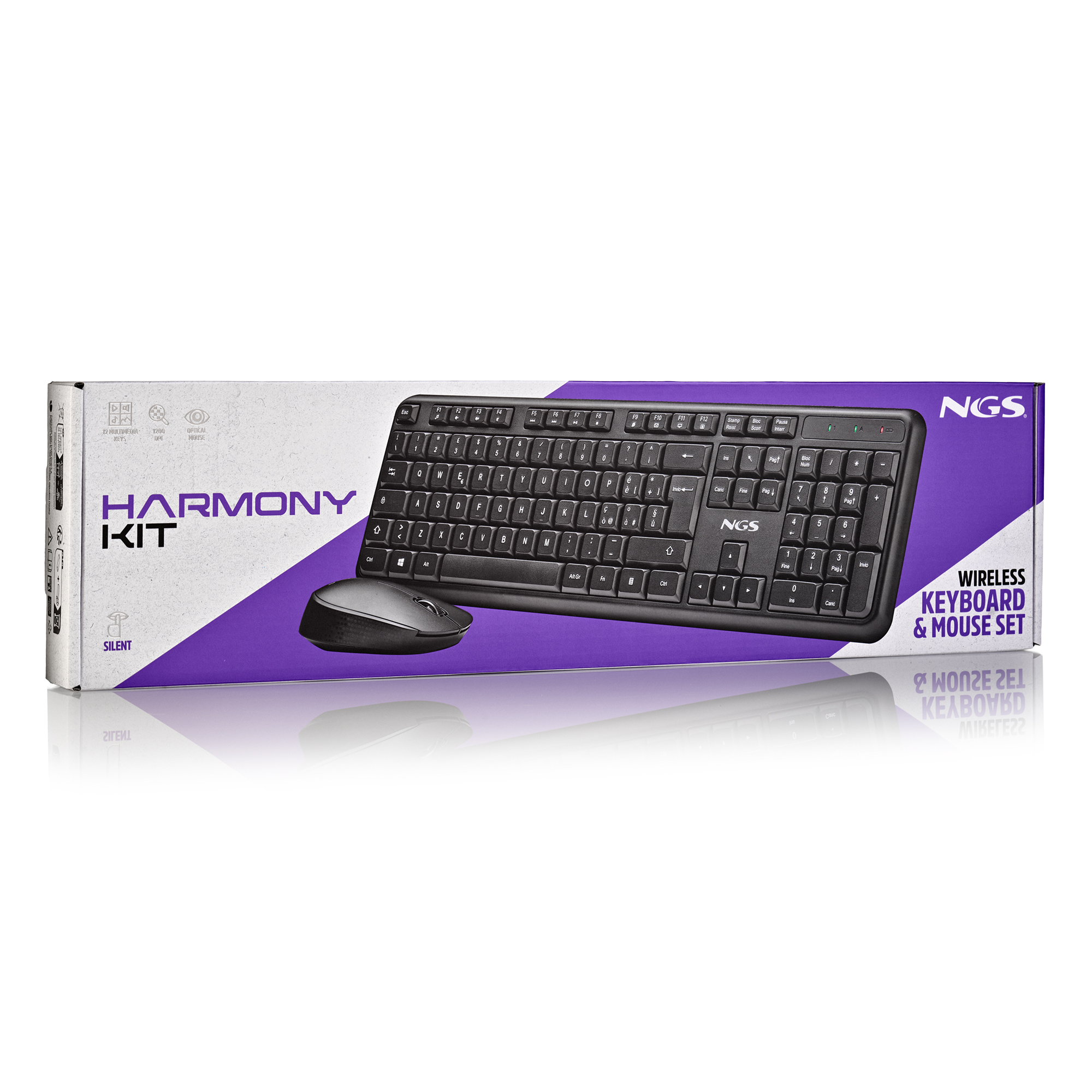 Un set tastiera e mouse NGS Harmony Kit nero su una scatola bianca.