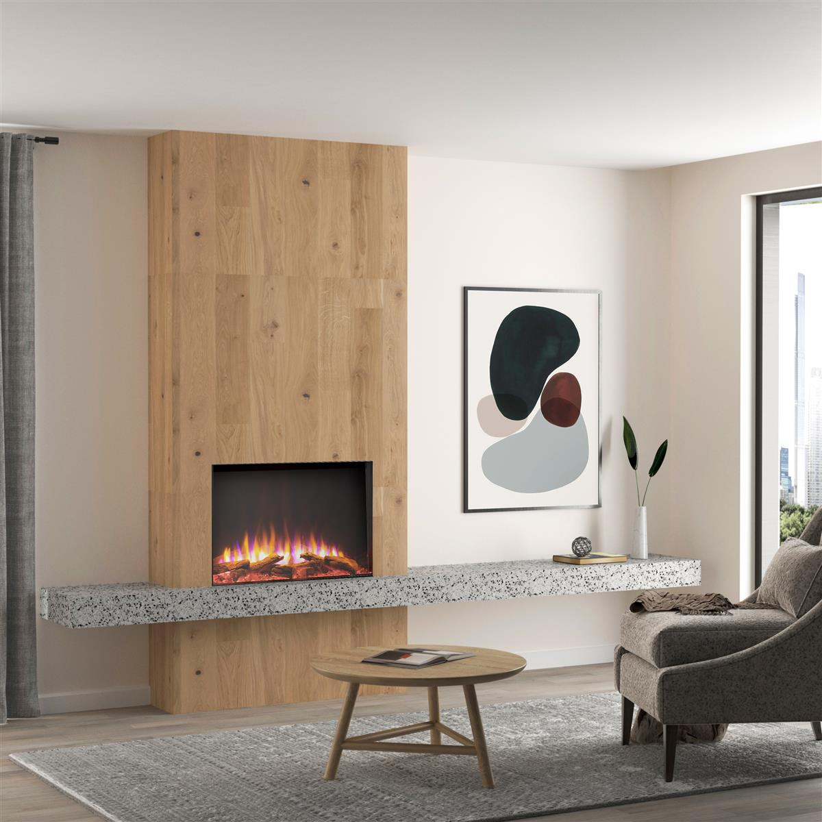 Ein modernes Wohnzimmer mit Holzakzenten und einem Kamin.