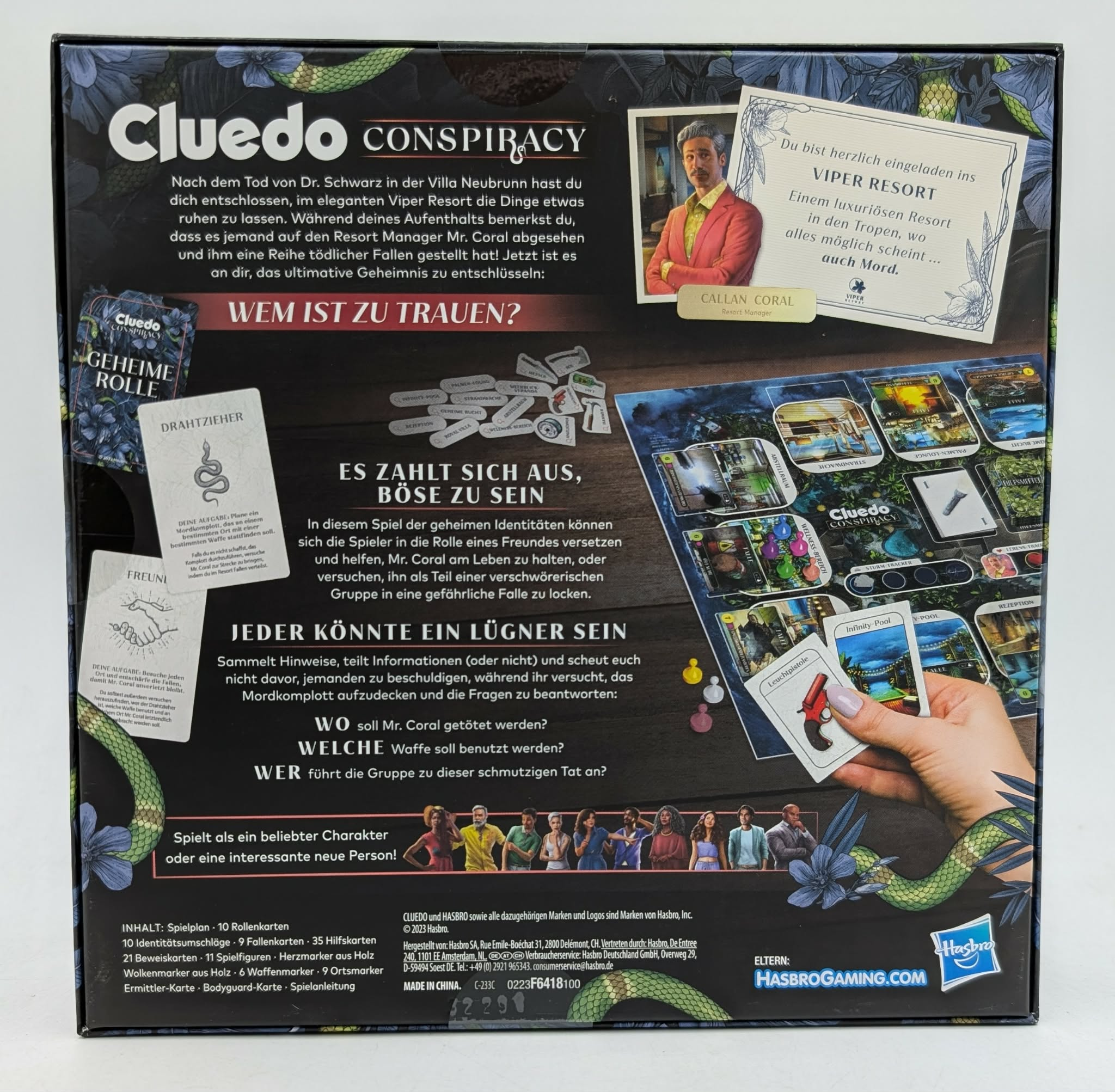 Cluedo Conspiracy Spielschachtel mit Spielanleitung, Karten und Figuren.