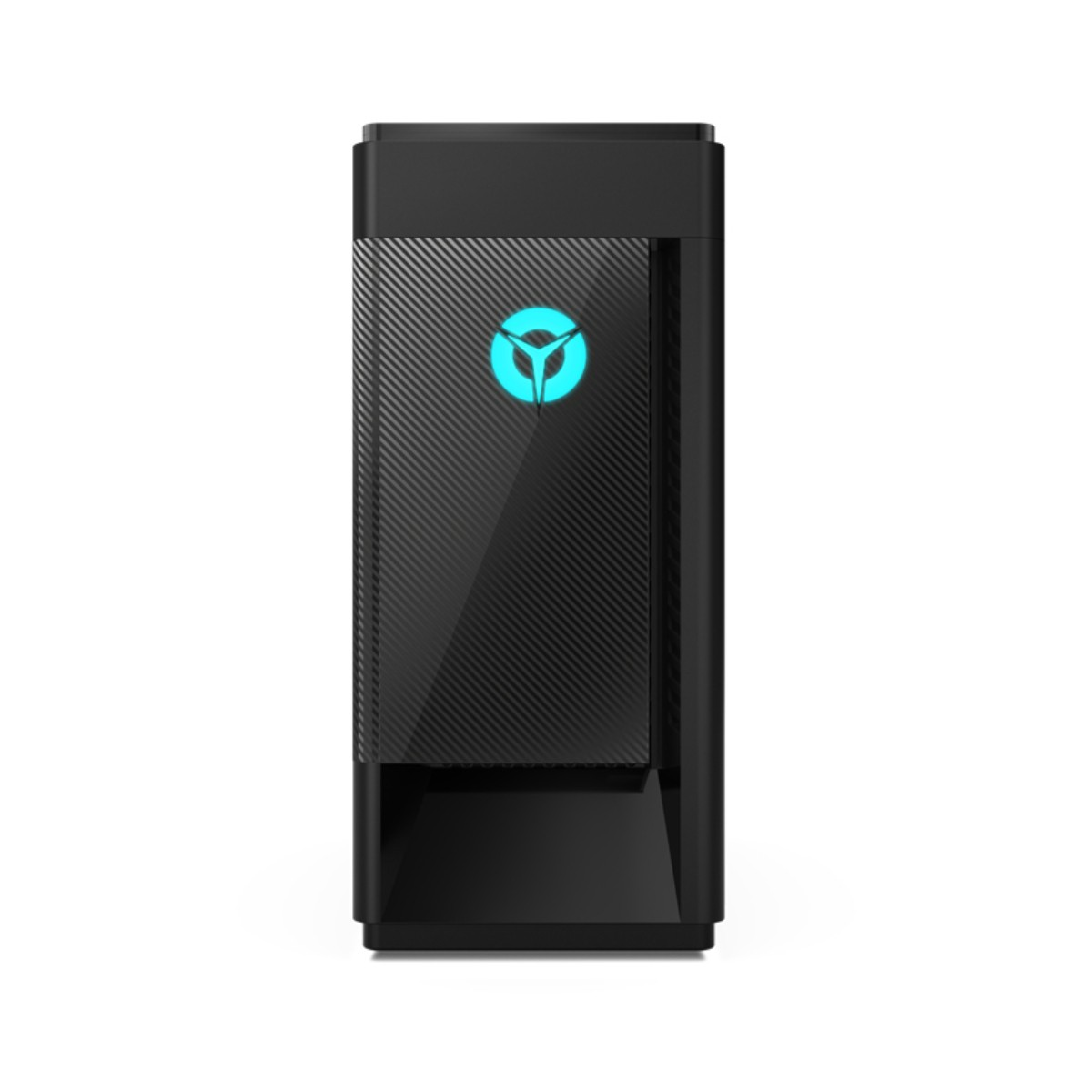 Un ordenador de sobremesa negro con un logo azul brillante en el panel frontal.