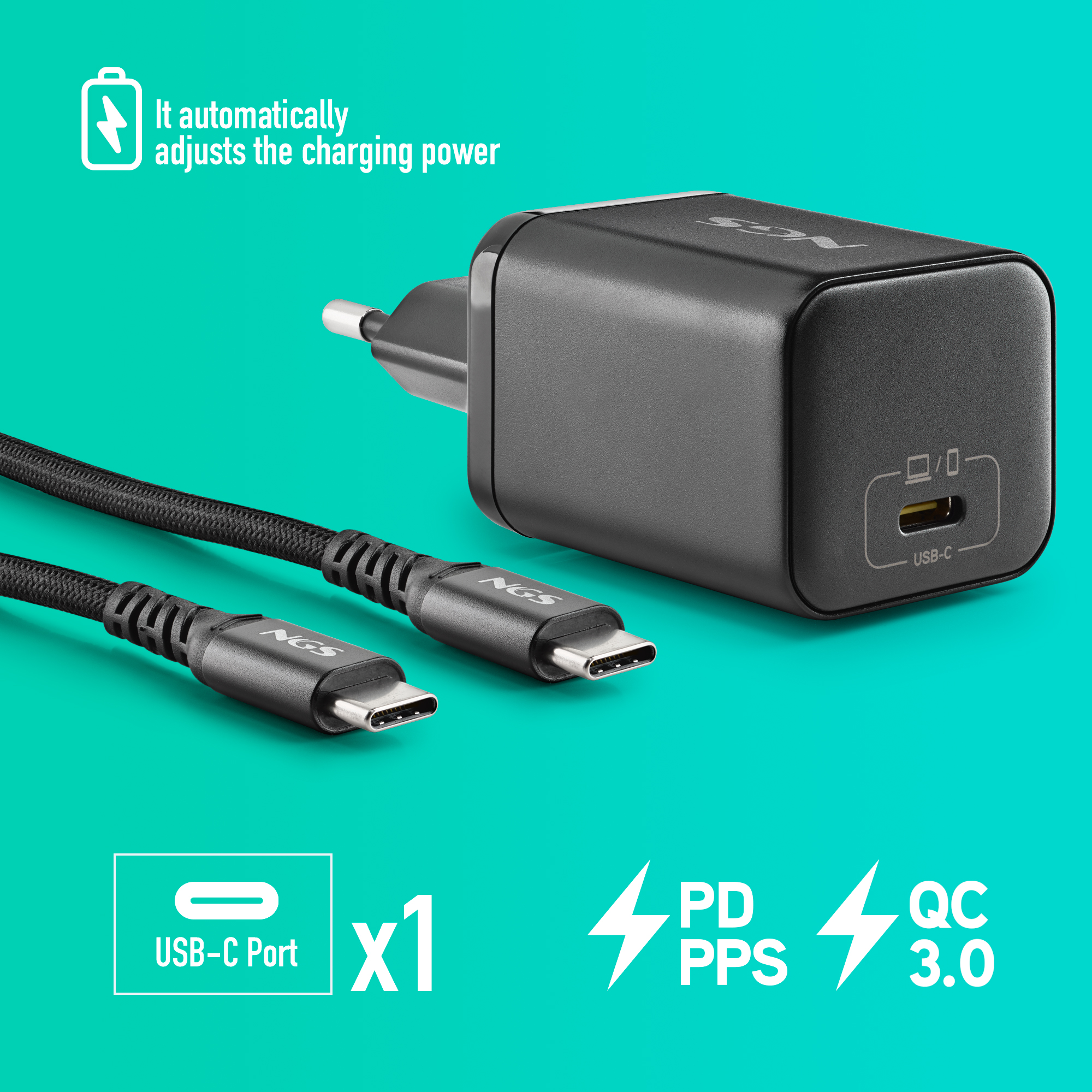 Caricatore USB-C nero con cavo e testo sulla potenza di carica.