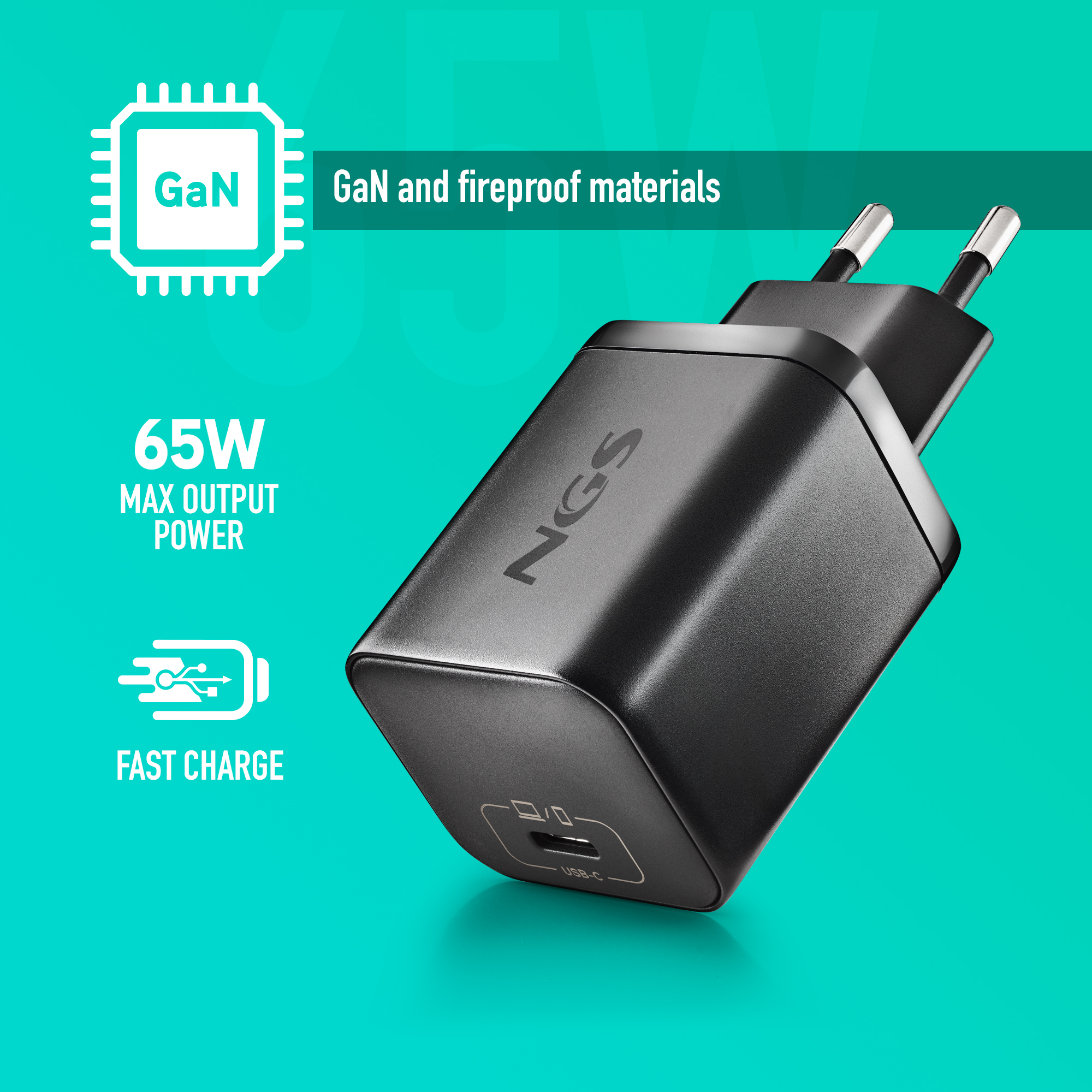 Caricatore NGS nero con tecnologia GaN e potenza massima 65W.