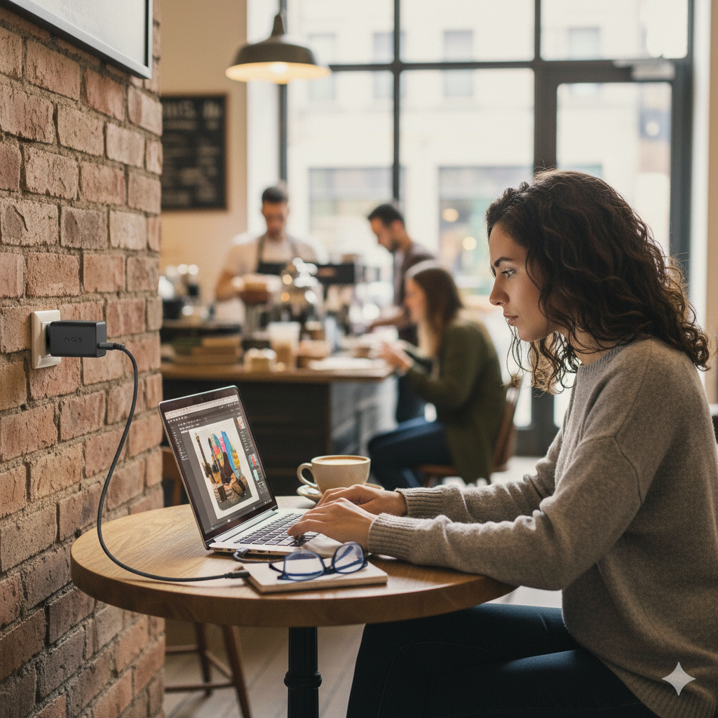 Una donna siede in un caffè, digita su un laptop. Un caricatore è collegato.