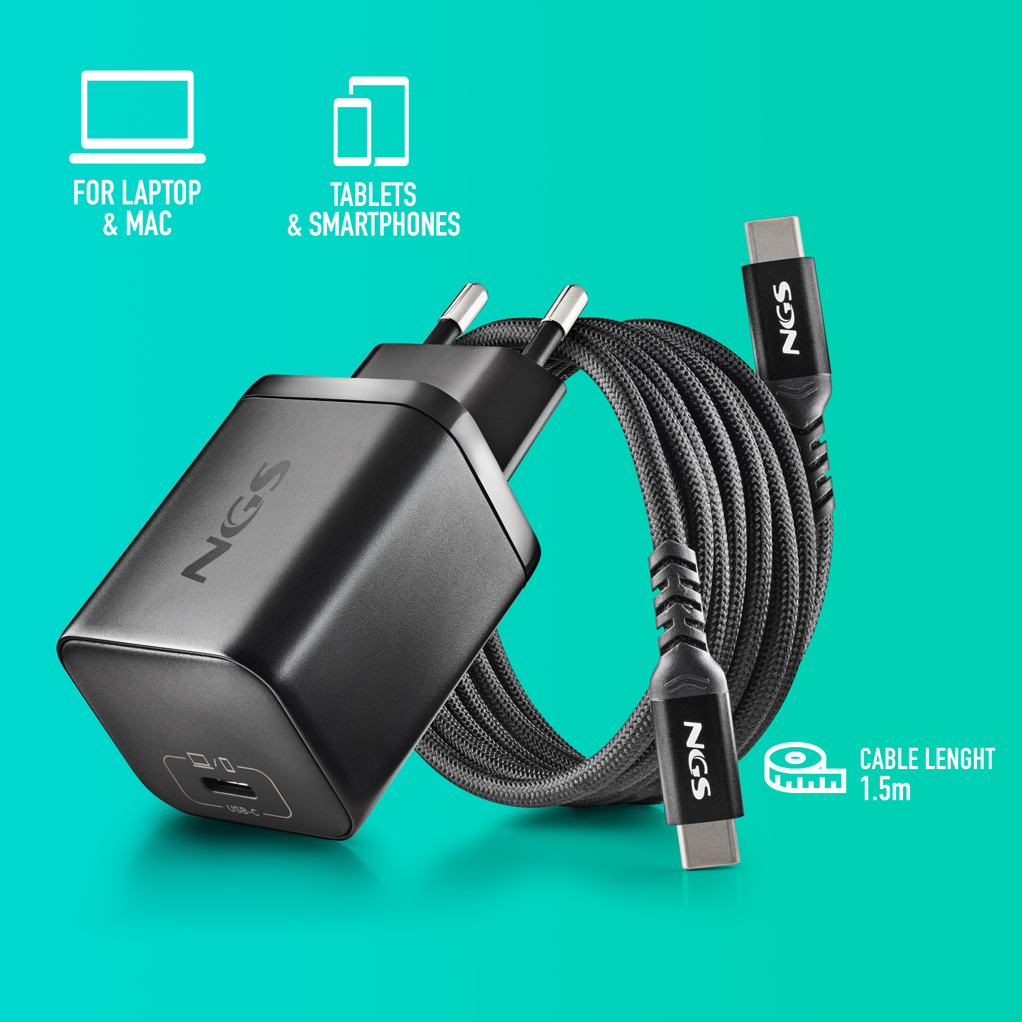 Caricatore USB-C nero con cavo nero arrotolato, lungo 1,5m.
