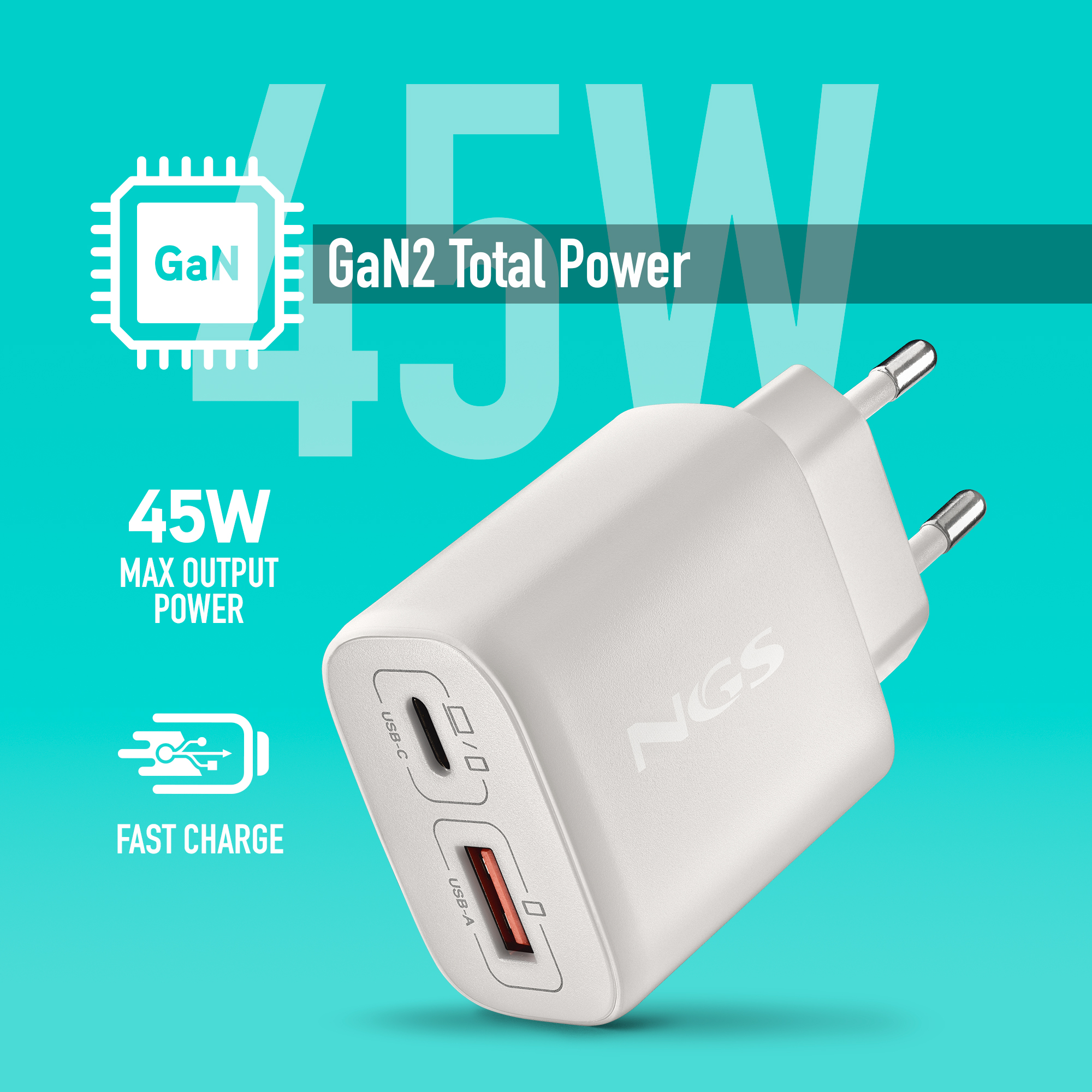 Alimentatore bianco da 45W con porte USB-C e USB-A, tecnologia GaN2.