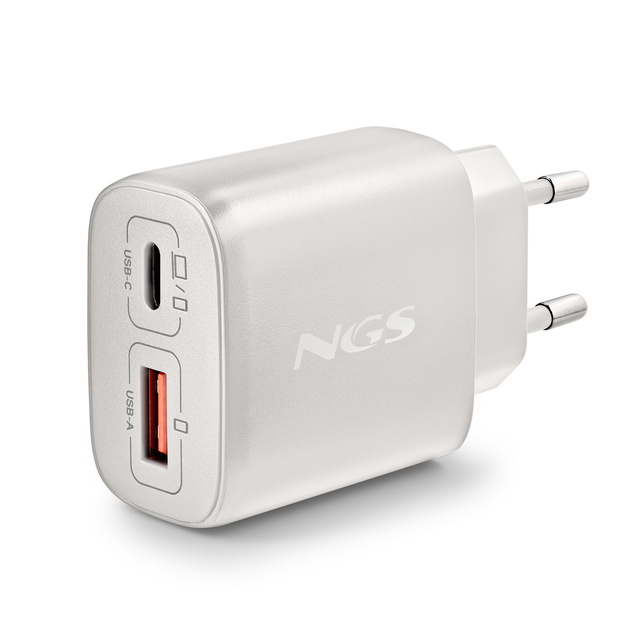 Spina caricabatterie bianca USB-C/USB-A con logo NGS e due porte.