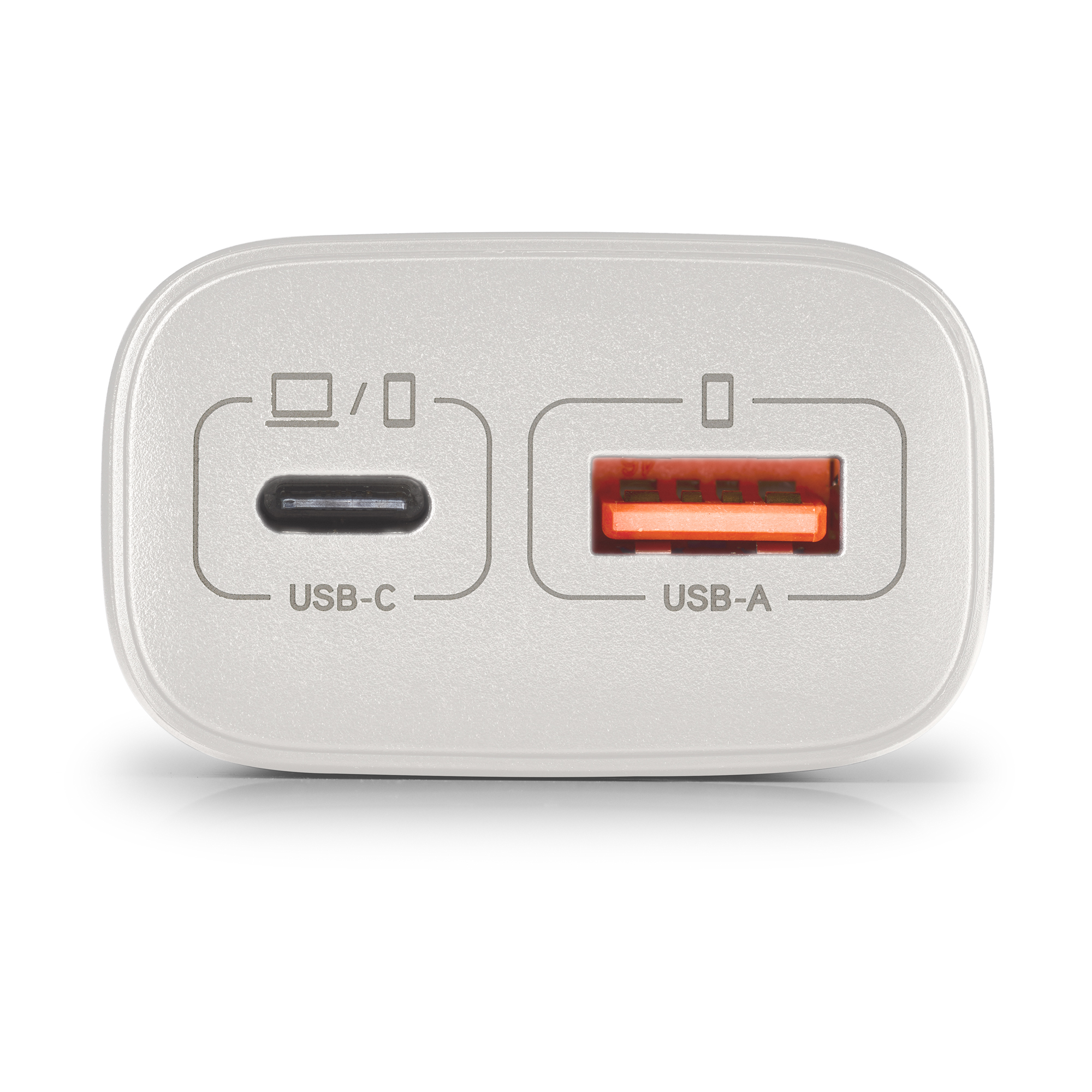 Un adattatore di ricarica bianco con porte USB-C e USB-A.