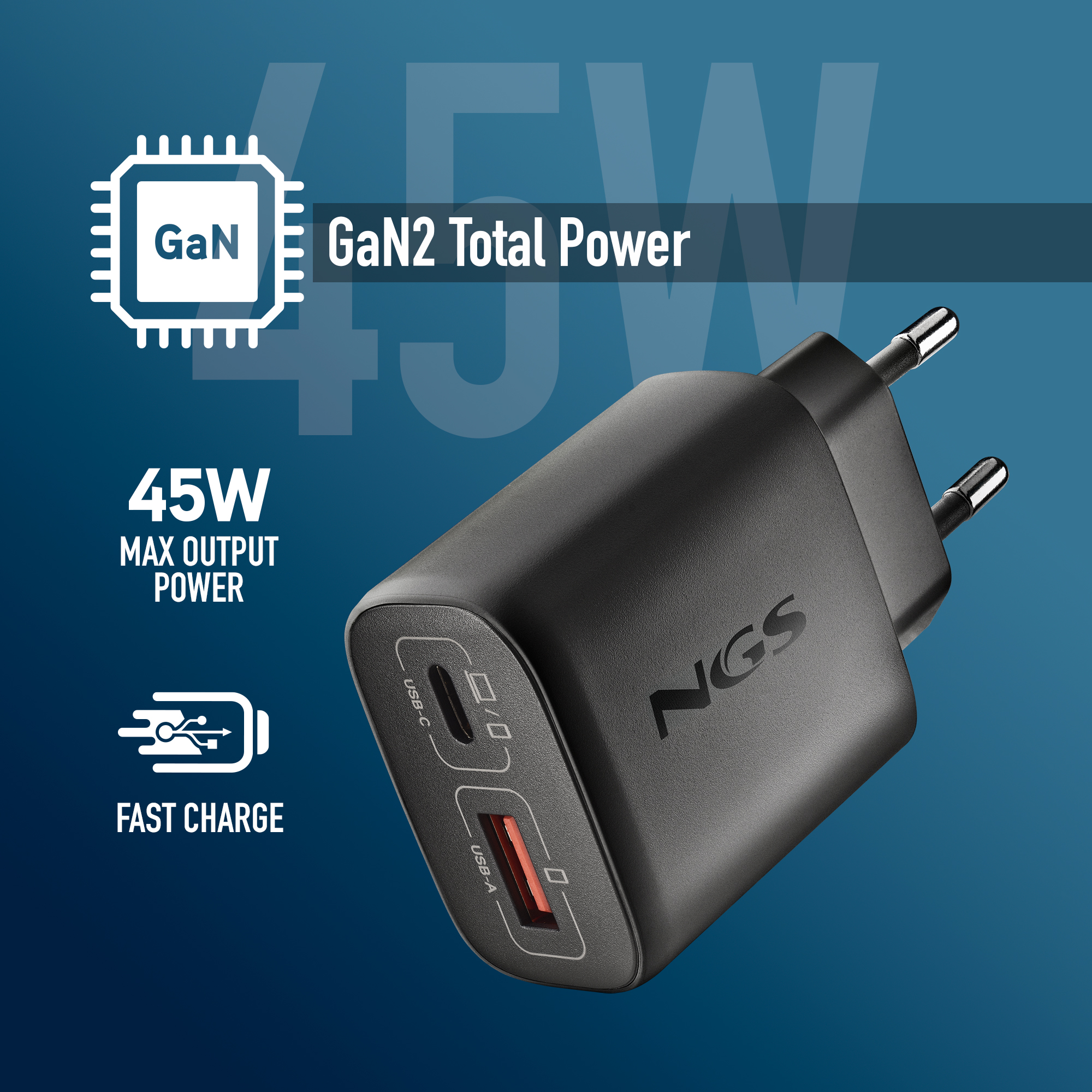 Cargador USB negro de 45W con puertos USB-C y USB-A.