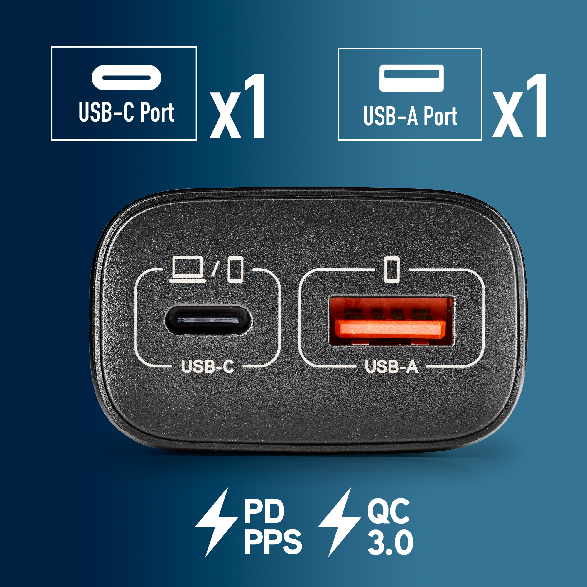 Un cargador negro con un puerto USB-C y un puerto USB-A.
