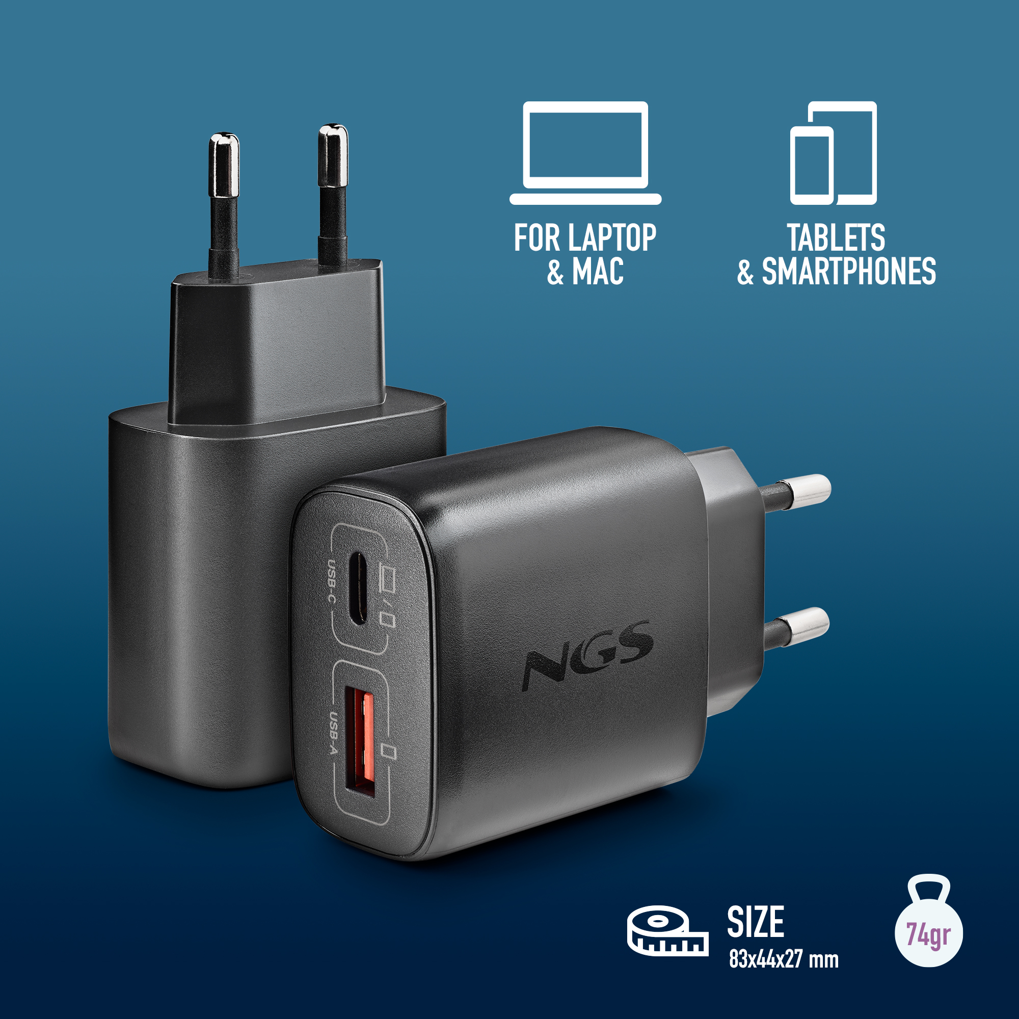 Dos cargadores USB negros con puertos USB-C y USB-A.