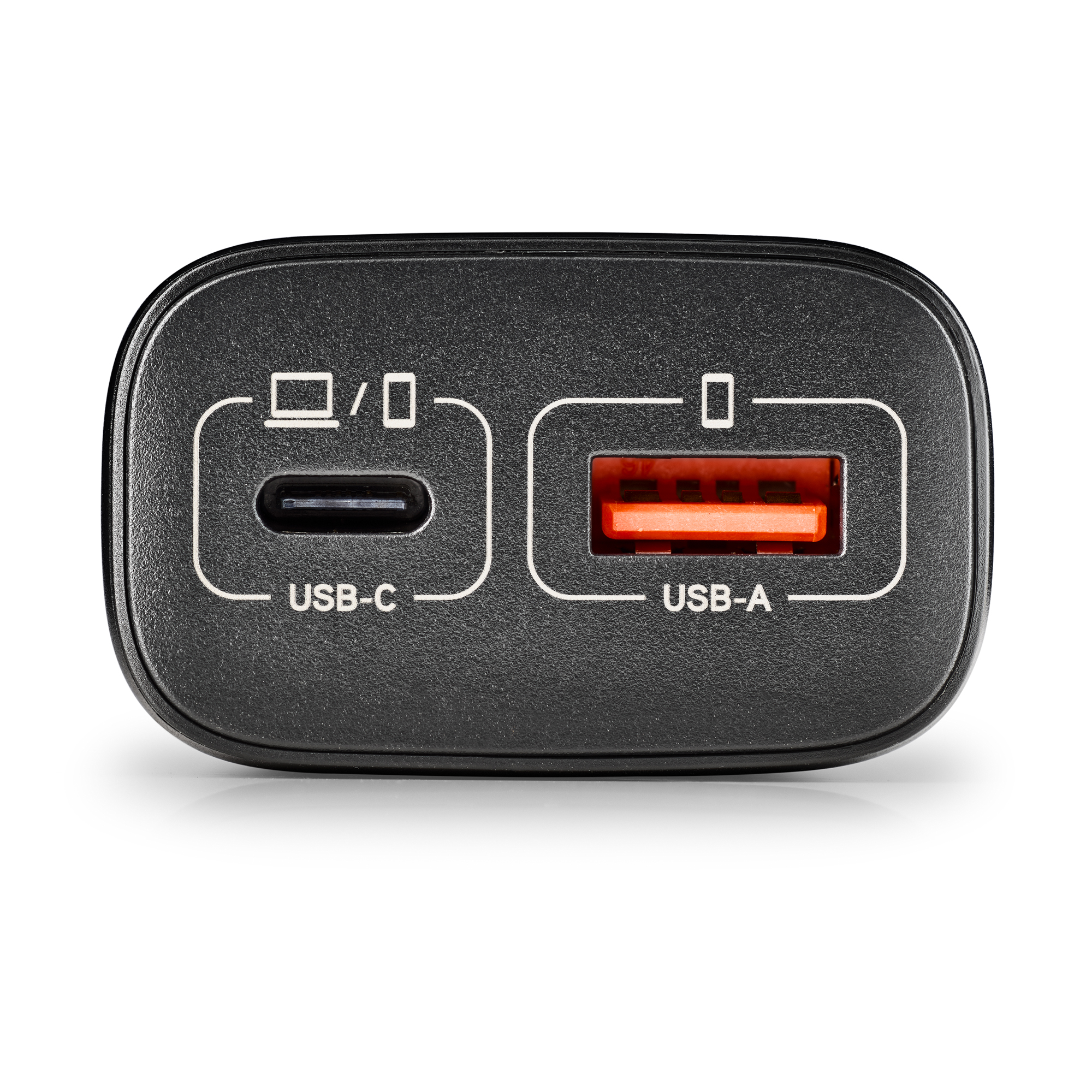 Adaptador de carga negro con puertos USB-C y USB-A.