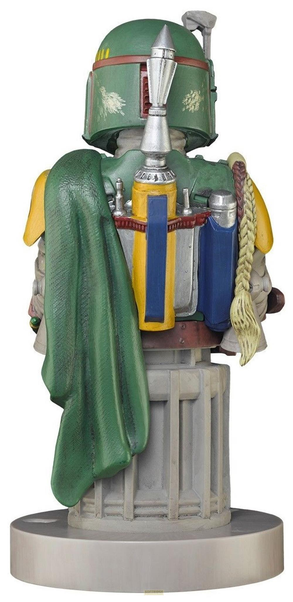 Un busto di Boba Fett con mantello verde e serbatoi gialli e blu.