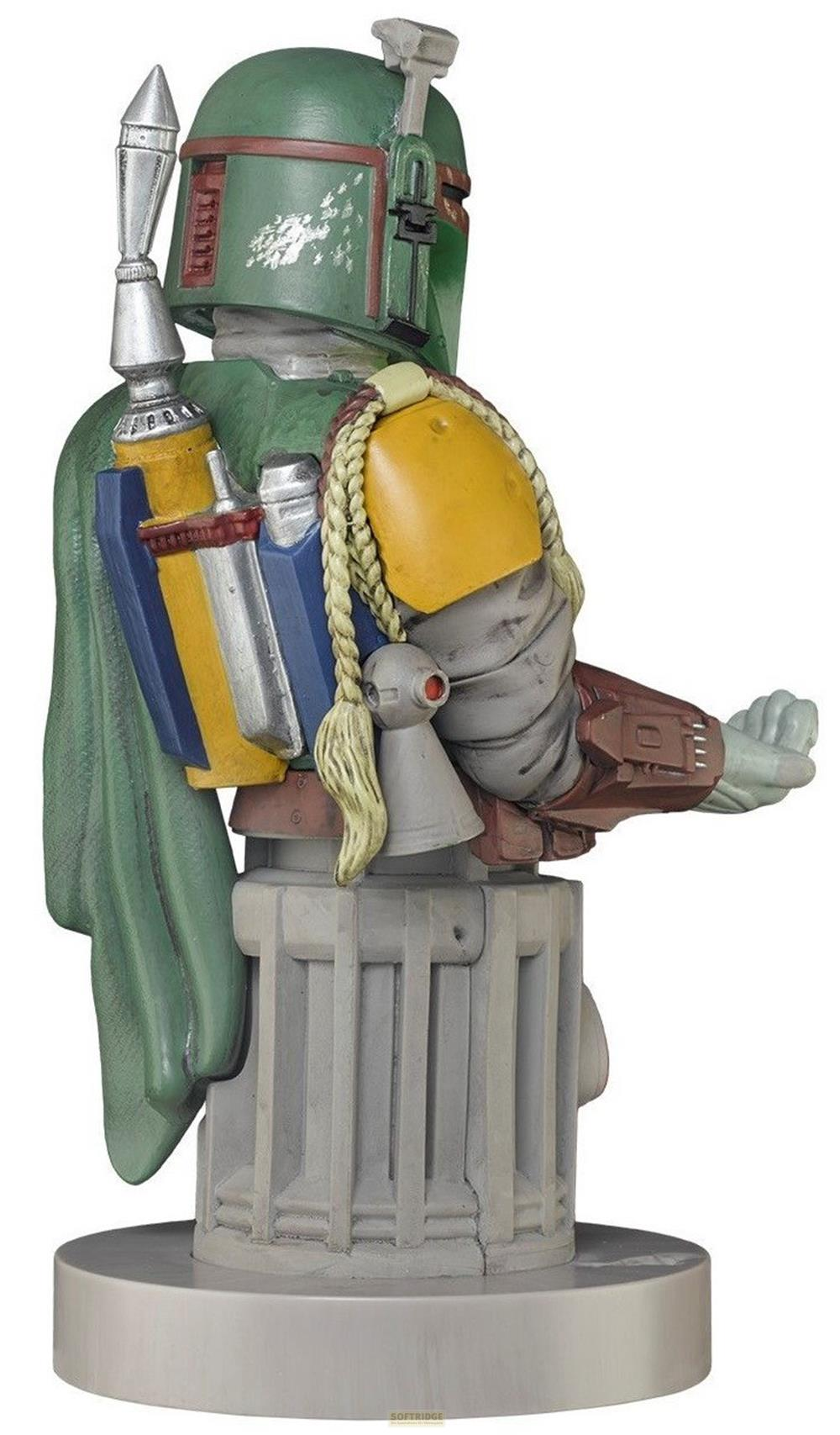 Busto di Boba Fett con elmo verde, zaino razzo e armatura verde su base grigia.
