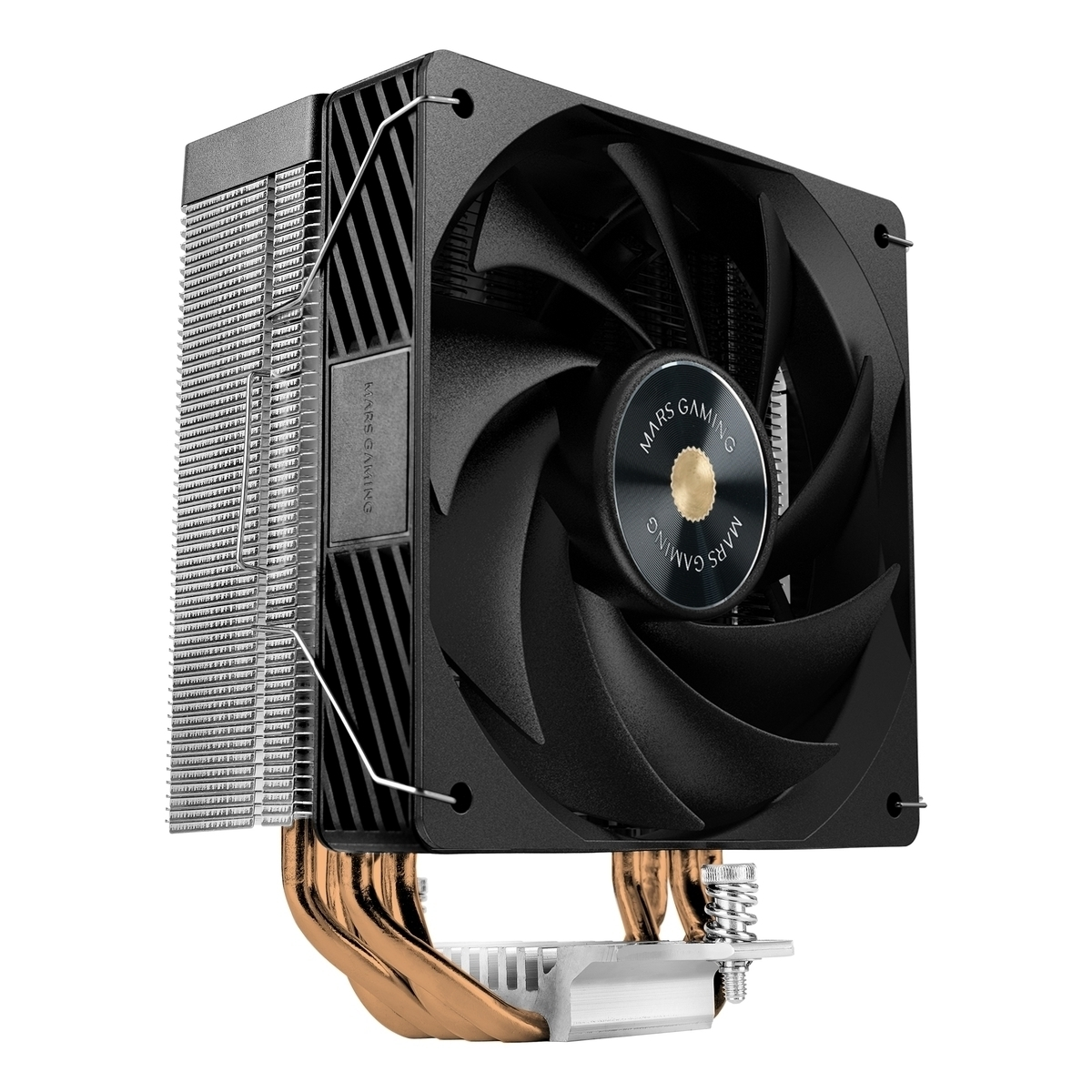 Enfriador de CPU negro con heatpipes de cobre y ventilador con logo MARS GAMING.