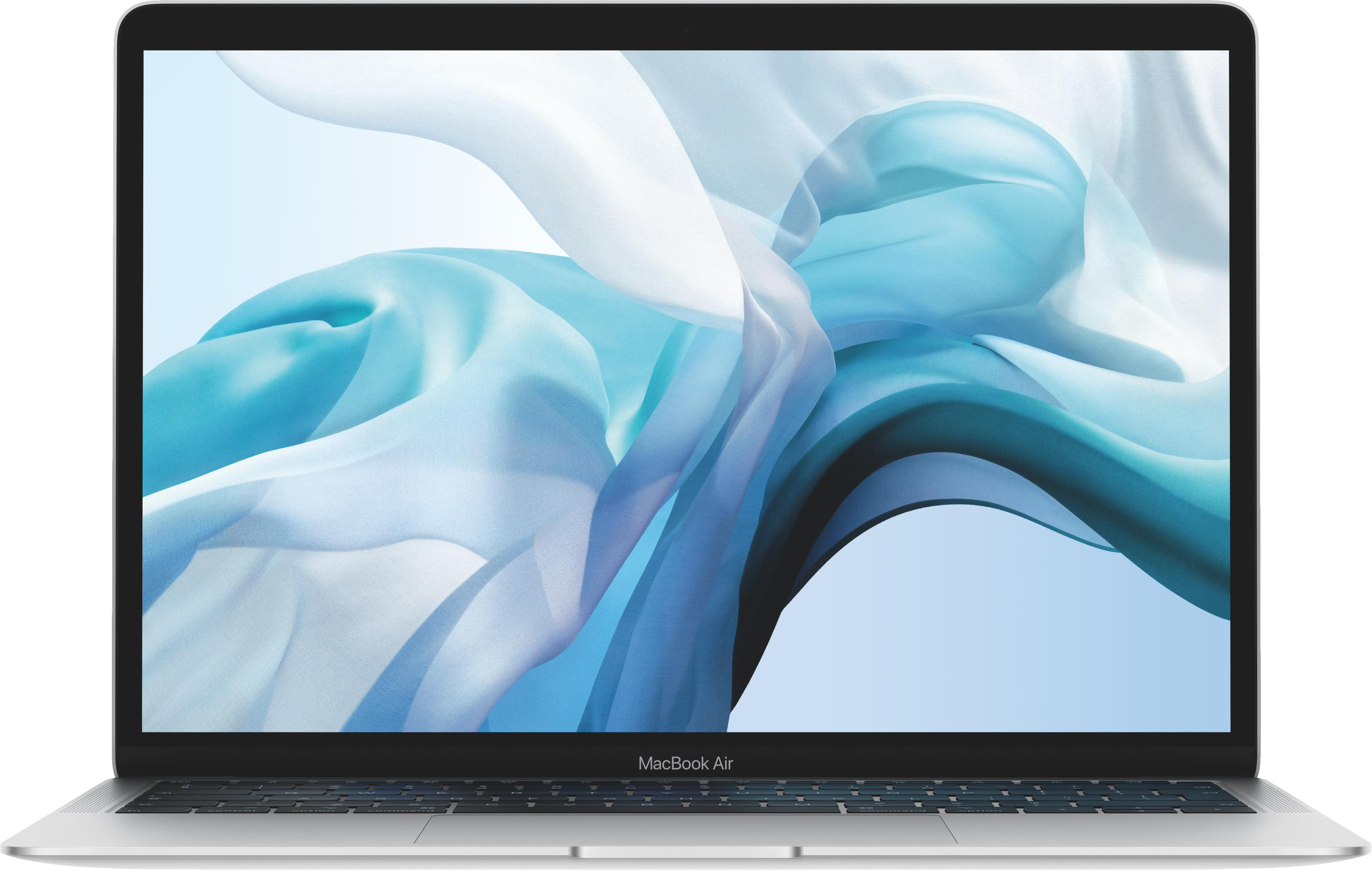Srebrny laptop MacBook Air wyświetla abstrakcyjne niebiesko-białe tło.