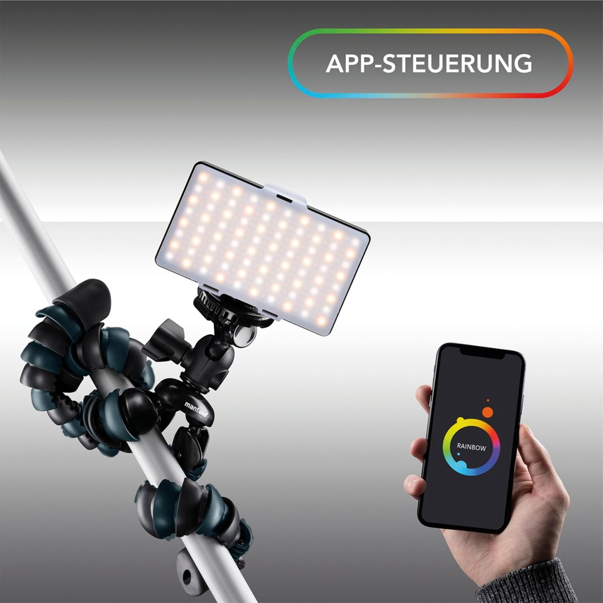 Ein flexibles Stativ hält eine LED-Leuchte und ein Smartphone, das eine Regenbogen-App anzeigt.