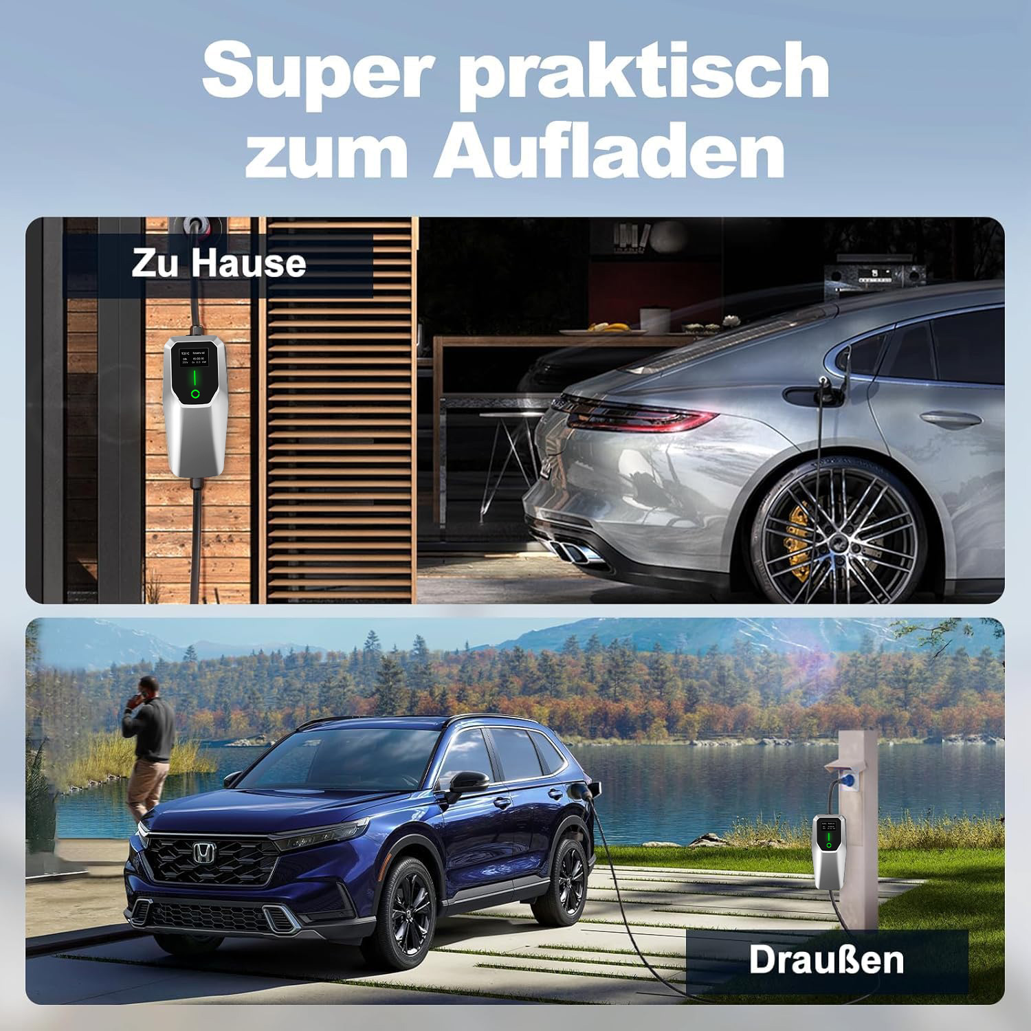 Zwei E-Autos werden geladen: Ein silberner lädt zu Hause, ein blauer draußen am See.